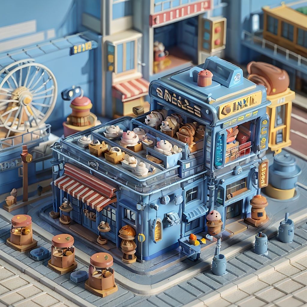 masterpiece,best quality,c4dchangjing\(c4d\), no humans, shop, ground vehicle, food, motor vehicle, blurry, car, scenery, depth of field, burger, outdoors, storefront, ice cream, sign, road, english text, traffic cone, blurry background, box, building, cafe, street, candy, vehicle focus,<lora:c4dchangjing-000010:0.65>,
