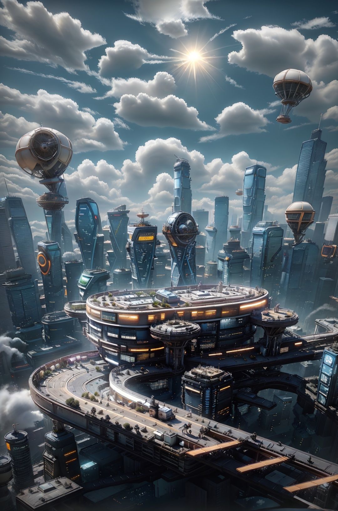 masterpiece,best quality,c4dchangjing\(c4d\),night,No people,landscape,sky,architecture,(clouds:0.8),city,skyscraper,cityscape,outdoors,sky,blue sky,skyline,science fiction,lens halo,English words,sunlight,Ferris wheel,reflection,sun,tower,airplane,<lora:c4dchangjing-000010:0.55>,cyberpunk,film texture,strong contrast,