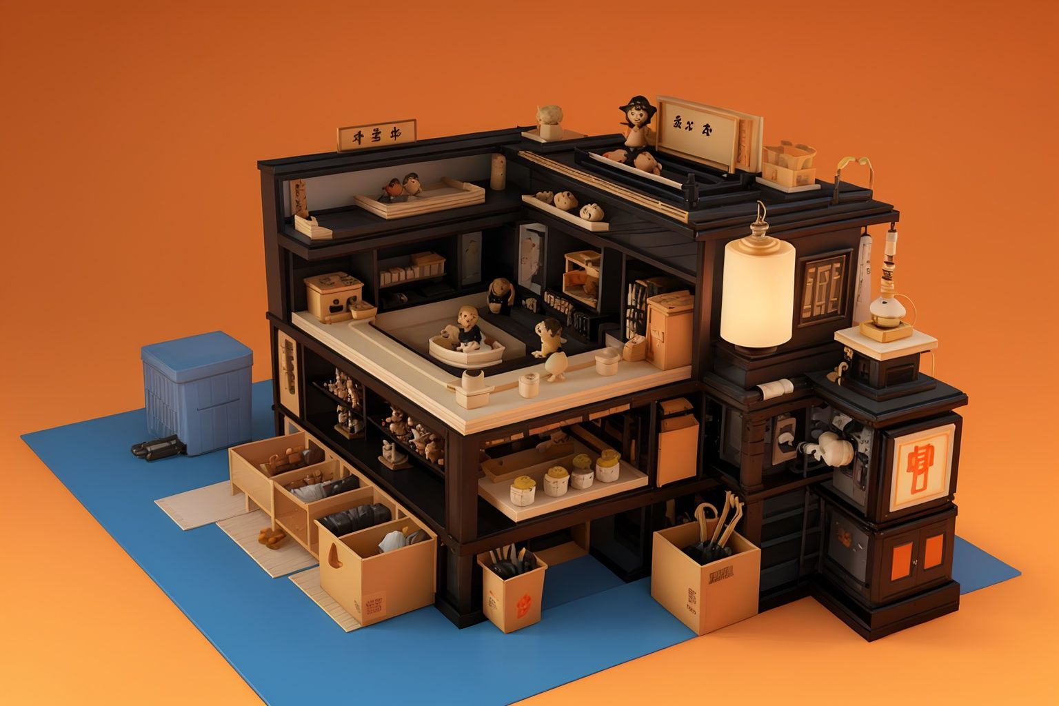 masterpiece,best quality,c4dchangjing\(c4d\), box, multiple boys, sign, scenery, orange background, black hair, lantern, food, no humans, gradient, lamp, gradient background, cardboard box, hat, from above, trash can, paper lantern, ladder, table, sitting, multiple girls, stairs, short hair, daruma doll, shop, bottle, jar, bowl, can, television, computer, cup, simple background, solo, english text, cat, mouse \(computer\), orange theme, smile, keyboard \(computer\), weapon,<lora:c4dchangjing-000010:0.55>,