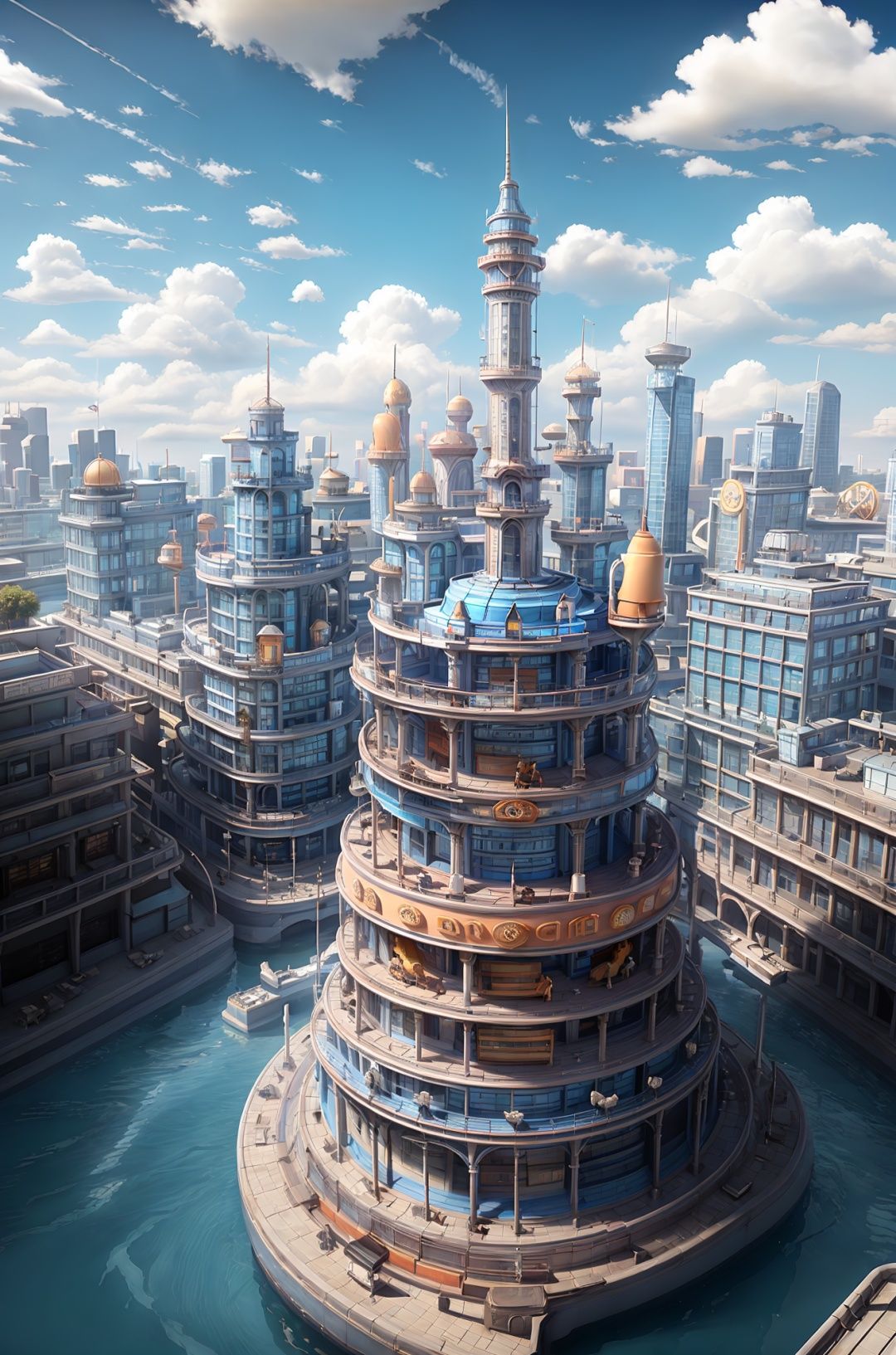 masterpiece,best quality,c4dchangjing\(c4d\),No people,landscape,sky,architecture,clouds,city,skyscraper,cityscape,outdoors,sky,blue sky,skyline,cloudy sky,science fiction,lens halo,English words,sunlight,Ferris wheel,reflection,sun,tower,airplane,<lora:c4dchangjing-000010:0.55>,