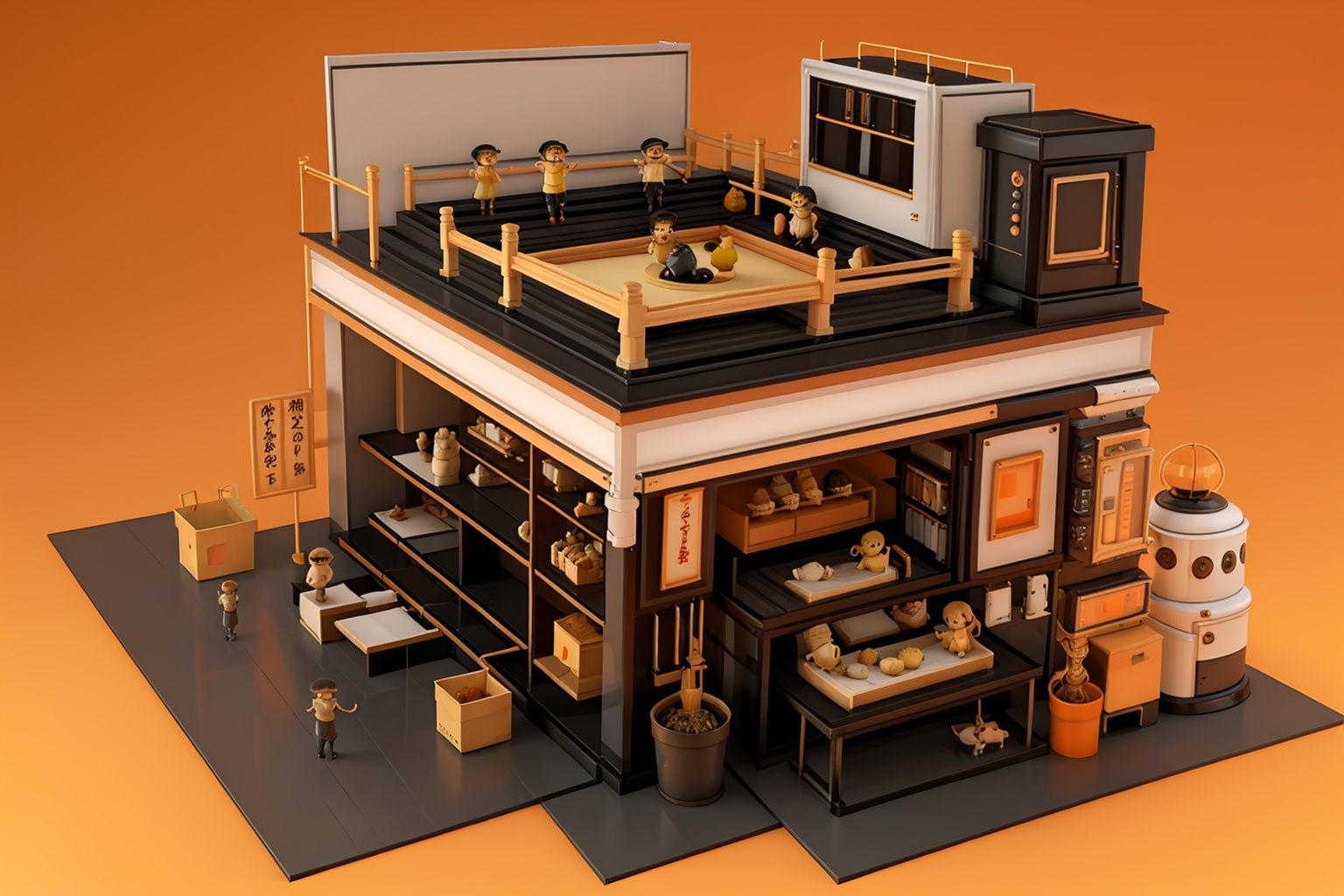 masterpiece,best quality,c4dchangjing\(c4d\), box, multiple boys, sign, scenery, orange background, black hair, lantern, food, no humans, gradient, lamp, gradient background, cardboard box, hat, from above, trash can, paper lantern, ladder, table, sitting, multiple girls, stairs, short hair, daruma doll, shop, bottle, jar, bowl, can, television, computer, cup, simple background, solo, english text, cat, mouse \(computer\), orange theme, smile, keyboard \(computer\), weapon,<lora:c4dchangjing-000010:0.55>,