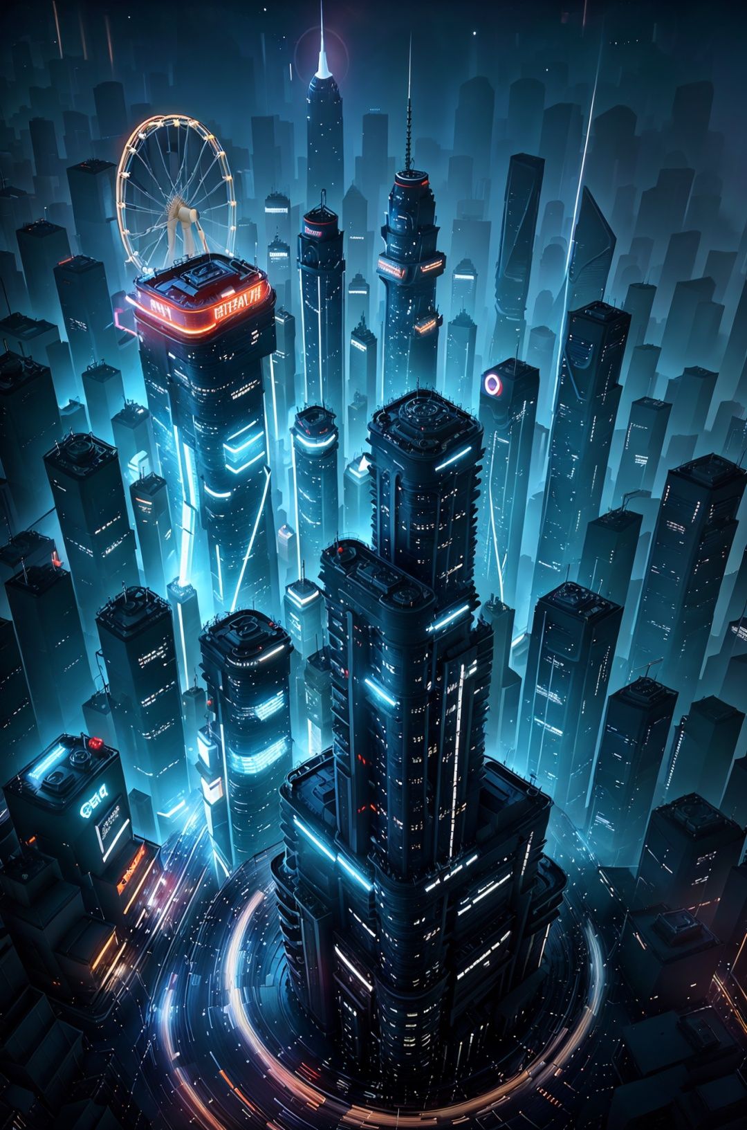 masterpiece,best quality,c4dchangjing\(c4d\),it's getting dark,night,No people,landscape,sky,architecture,(clouds:0.4),city,skyscraper,cityscape,outdoors,sky,blue sky,skyline,science fiction,lens halo,English words,sunlight,Ferris wheel,reflection,sun,tower,airplane,<lora:c4dchangjing-000010:0.55>,cyberpunk,film texture,strong contrast,film poster texture,starry_sky,