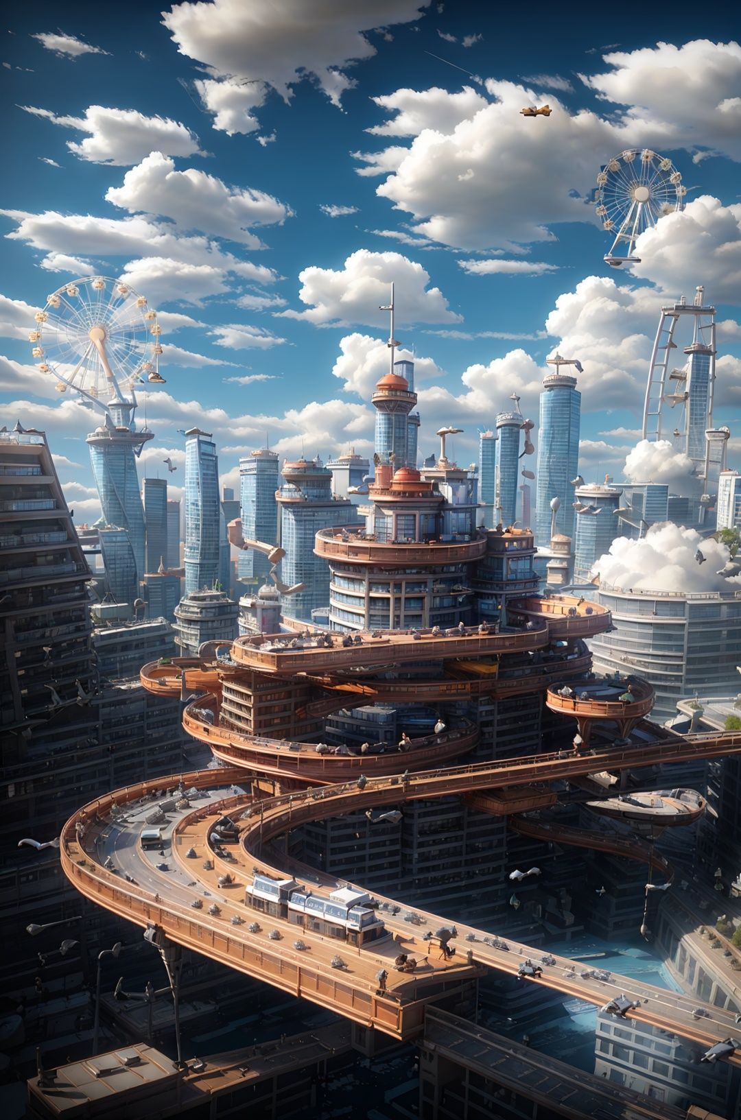 masterpiece,best quality,c4dchangjing\(c4d\),No people,landscape,sky,architecture,clouds,city,skyscraper,cityscape,outdoors,sky,blue sky,skyline,cloudy sky,science fiction,lens halo,English words,sunlight,Ferris wheel,reflection,sun,tower,airplane,<lora:c4dchangjing-000010:0.55>,