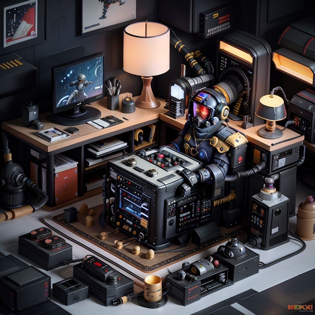 masterpiece,best quality,Male focus,boy,solo,necklace,computer,chair,jewelry,sitting,monitor,robot,table,lamp,instrument,controller,helmet,glove,TV,ball,book,mouse,room,cable,Mask,game console,microphone,keyboard (computer),facial hair,sex toy,box,armor,game controller,whole body,toy,bracelet,beard,The laptop,the ring,<lora:c4dchangjing-000010:0.55>,cyberpunk,film texture,strong contrast,film poster texture,starry_sky,