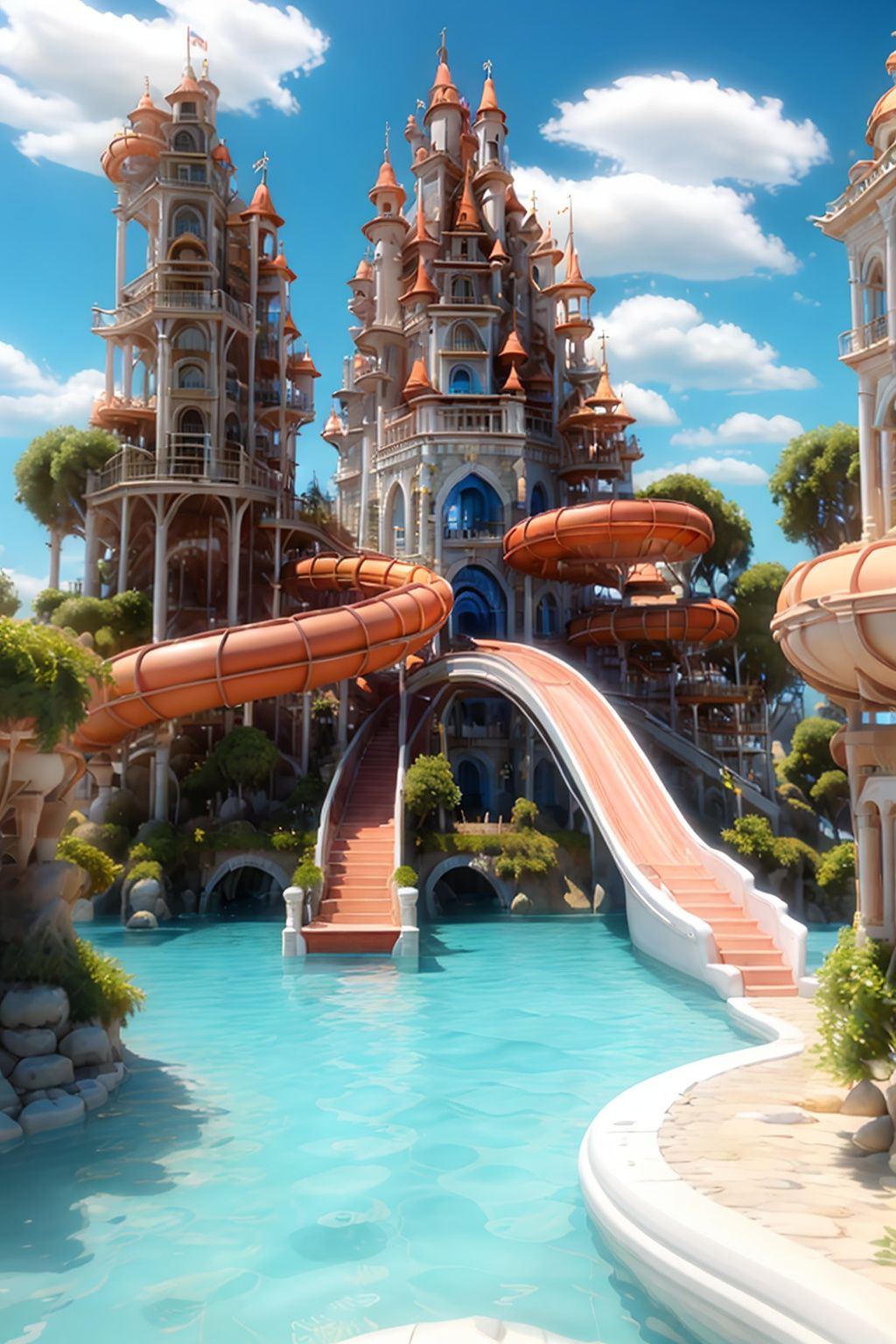 masterpiece,best quality,c4dchangjing\(c4d\),scenery,no humans,sky,cloud,water,day,outdoors,building,blue sky,flag,fantasy,arch,tree,statue,watercraft,tower,stairs,bridge,boat,pillar,banner,fountain,ocean,window,house,plant,fish,architecture,cloudy sky,city,column,rock,reflection,river,ruins,castle,bird,string of flags,waterfall,<lora:c4dchangjing-000010:0.65>,