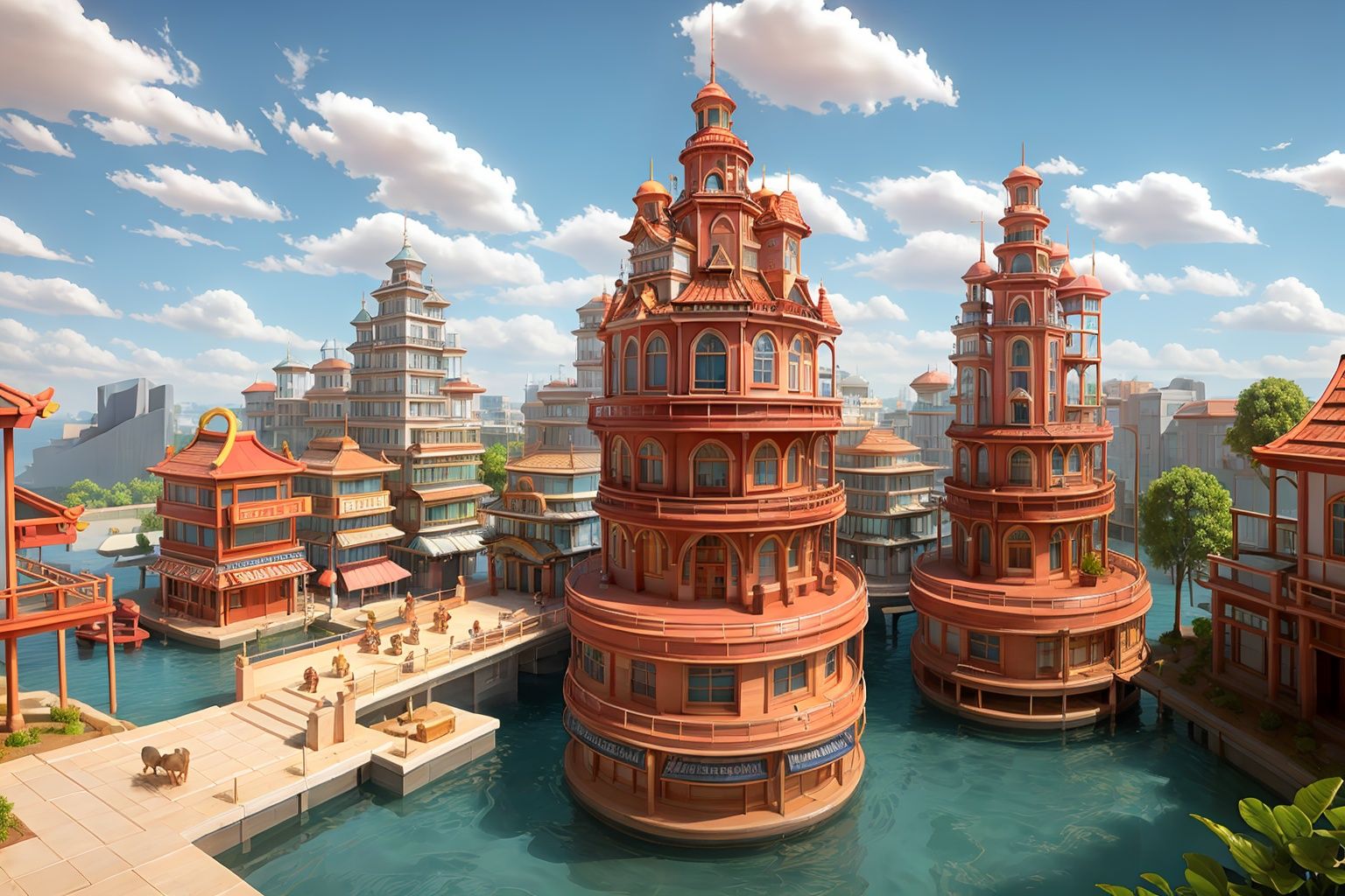masterpiece,best quality,c4dchangjing\(c4d\),no humans,water,bird,building,stairs,book,simple background,ladder,scenery,waterfall,tower,bridge,pink background,architecture,flying,watercraft,bookshelf,door,tree,rock,clock,lantern,boat,house,east asian architecture,table,window,pillar,barrel,sitting,fountain,standing,<lora:c4dchangjing-000010:0.55>,