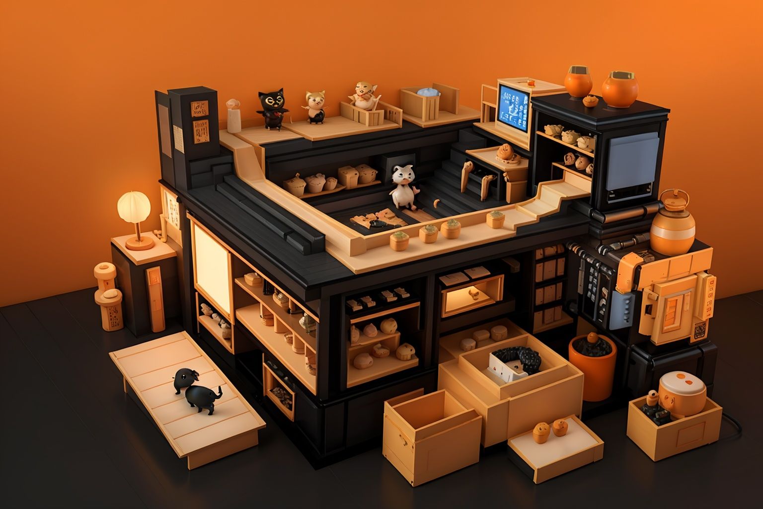 masterpiece,best quality,c4dchangjing\(c4d\), box, multiple boys, sign, scenery, orange background, black hair, lantern, food, no humans, gradient, lamp, gradient background, cardboard box, hat, from above, trash can, paper lantern, ladder, table, sitting, multiple girls, stairs, short hair, daruma doll, shop, bottle, jar, bowl, can, television, computer, cup, simple background, solo, english text, cat, mouse \(computer\), orange theme, smile, keyboard \(computer\), weapon,<lora:c4dchangjing-000010:0.55>,