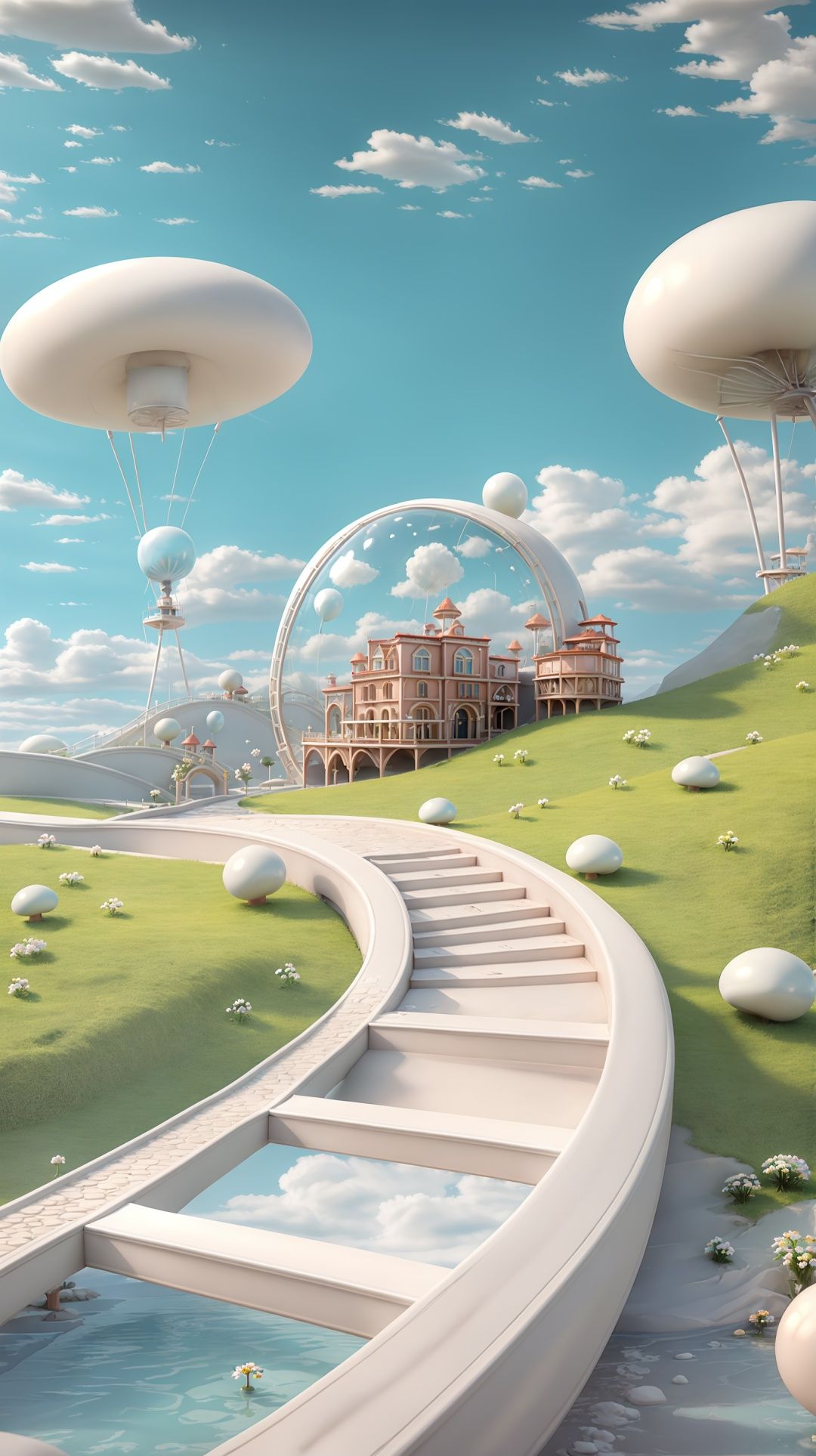 masterpiece,best quality,c4dchangjing\(c4d\),no humans,grass,sky,outdoors,house,day,cloud,scenery,flower,blue sky,building,balloon,tree,stairs,window,white flower,rock,road,bush,mushroom,ball,artist name,path,fence,chimney,mountain,windmill,chair,bridge,hill,bench,egg,door,signature,cloudy sky,<lora:c4dchangjing-000010:0.55>,