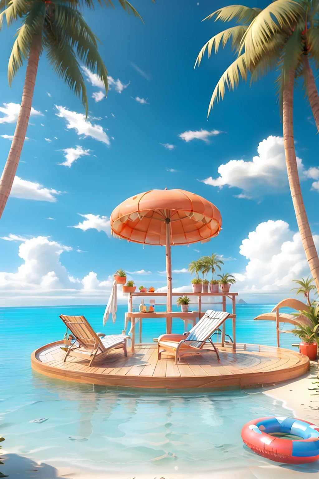 masterpiece,best quality,c4dchangjing\(c4d\), cloud, tree, sky, palm tree, outdoors, scenery, innertube, day, boat, chair, no humans, ocean, water, watercraft, lounge chair, blue sky, beach, lifebuoy, umbrella, pier, plant, beach umbrella, summer, beach chair, shadow, flower, cloudy sky, table, horizon, shade, dock, sand, bench, food, artist name, book, fruit, reflection, cup, lantern, bird, sunlight, island, surfboard, ladder, drink, shore, palm leaf,<lora:c4dchangjing-000010:0.65>,