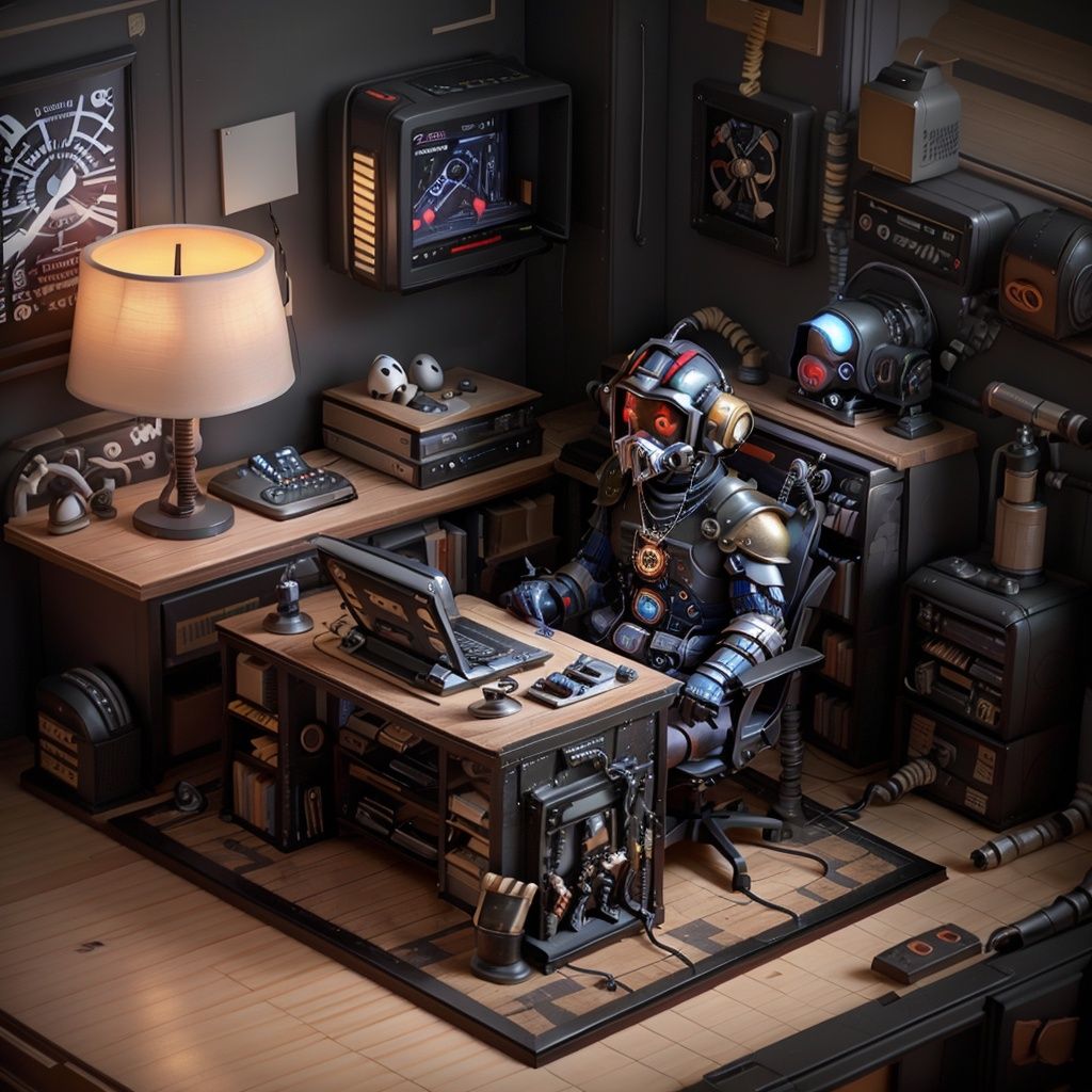 masterpiece,best quality,Male focus,boy,solo,necklace,computer,chair,jewelry,sitting,monitor,robot,table,lamp,instrument,controller,helmet,glove,TV,ball,book,mouse,room,cable,Mask,game console,microphone,keyboard (computer),facial hair,sex toy,box,armor,game controller,whole body,toy,bracelet,beard,The laptop,the ring,<lora:c4dchangjing-000010:0.55>,cyberpunk,film texture,strong contrast,film poster texture,starry_sky,