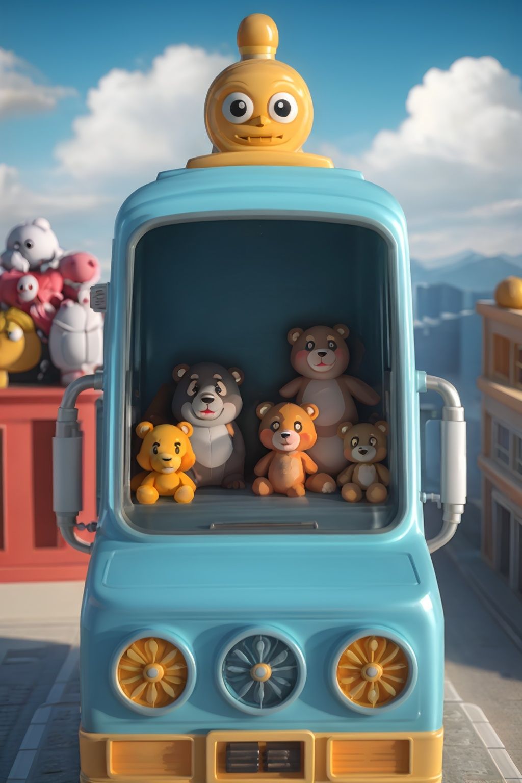 masterpiece,best quality,c4dchangjing\(c4d\),cloud,sky,no humans,outdoors,ground vehicle,day,blue sky,train,motor vehicle,blurry,cloudy sky,bear,open mouth,dog,looking at viewer,smile,food,building,stuffed toy,car,bus,bird,black eyes,hat,solo,objectification,fruit,monokuma,artist name,stuffed animal,railroad tracks,window,blurry background,<lora:c4dchangjing-000010:0.65>,