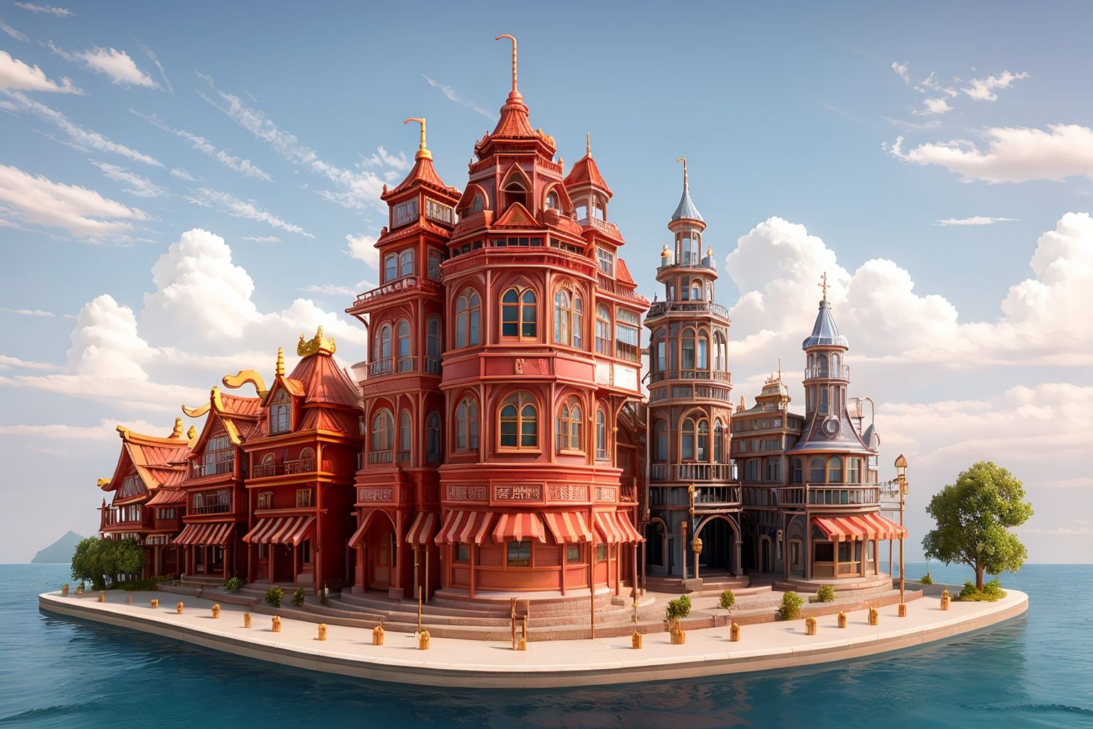 masterpiece,best quality,c4dchangjing\(c4d\), no humans, water, bird, building, stairs, book, simple background, ladder, scenery, waterfall, tower, bridge, pink background, architecture, flying, watercraft, bookshelf, door, tree, rock, clock, lantern, boat, house, east asian architecture, table, window, pillar, barrel, sitting, fountain, standing,<lora:c4dchangjing-000010:0.55>,