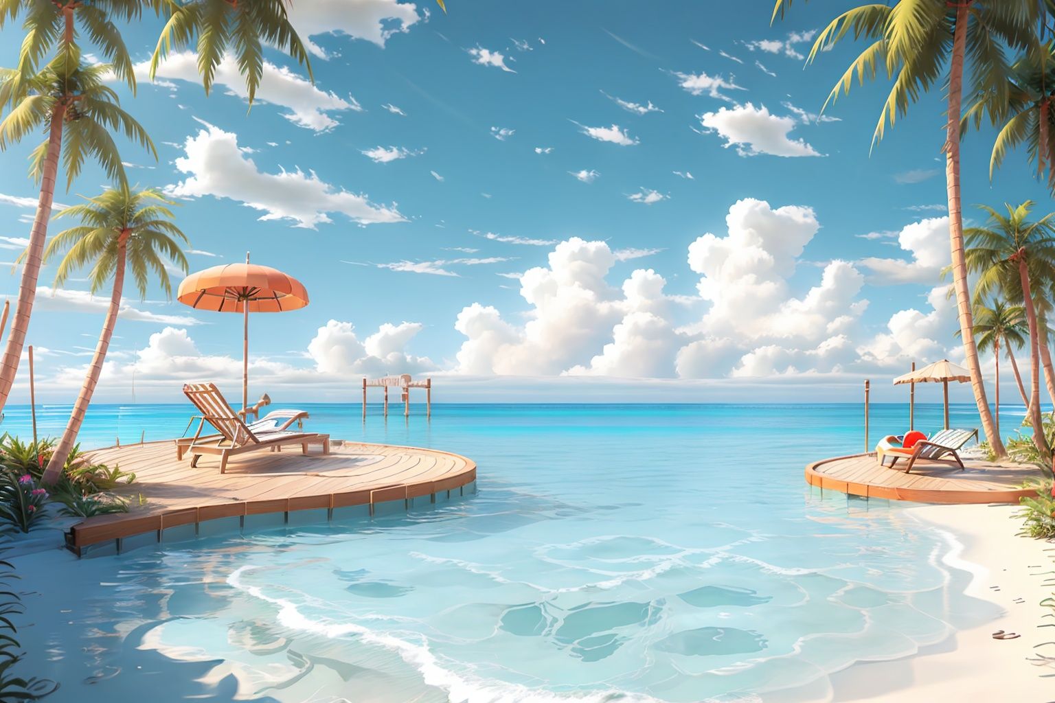 masterpiece,best quality,c4dchangjing\(c4d\),cloud,tree,sky,palm tree,outdoors,scenery,innertube,day,boat,chair,no humans,ocean,water,watercraft,lounge chair,blue sky,beach,lifebuoy,umbrella,pier,plant,beach umbrella,summer,beach chair,shadow,flower,cloudy sky,table,horizon,shade,dock,sand,bench,food,artist name,book,fruit,reflection,cup,lantern,bird,sunlight,island,surfboard,ladder,drink,shore,palm leaf,<lora:c4dchangjing-000010:0.55>,