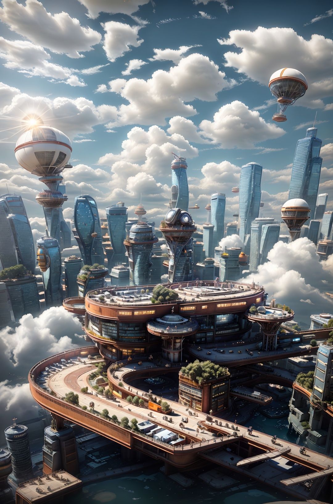 masterpiece,best quality,c4dchangjing\(c4d\),No people,landscape,sky,architecture,clouds,city,skyscraper,cityscape,outdoors,sky,blue sky,skyline,science fiction,lens halo,English words,sunlight,Ferris wheel,reflection,sun,tower,airplane,<lora:c4dchangjing-000010:0.55>,
