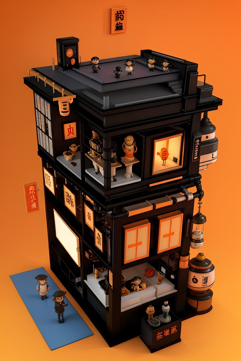 masterpiece,best quality,c4dchangjing\(c4d\), box, multiple boys, sign, scenery, orange background, black hair, lantern, food, no humans, gradient, lamp, gradient background, cardboard box, hat, from above, trash can, paper lantern, ladder, table, sitting, multiple girls, stairs, short hair, daruma doll, shop, bottle, jar, bowl, can, television, computer, cup, simple background, solo, english text, cat, mouse \(computer\), orange theme, smile, keyboard \(computer\), weapon,<lora:c4dchangjing-000010:0.55>,