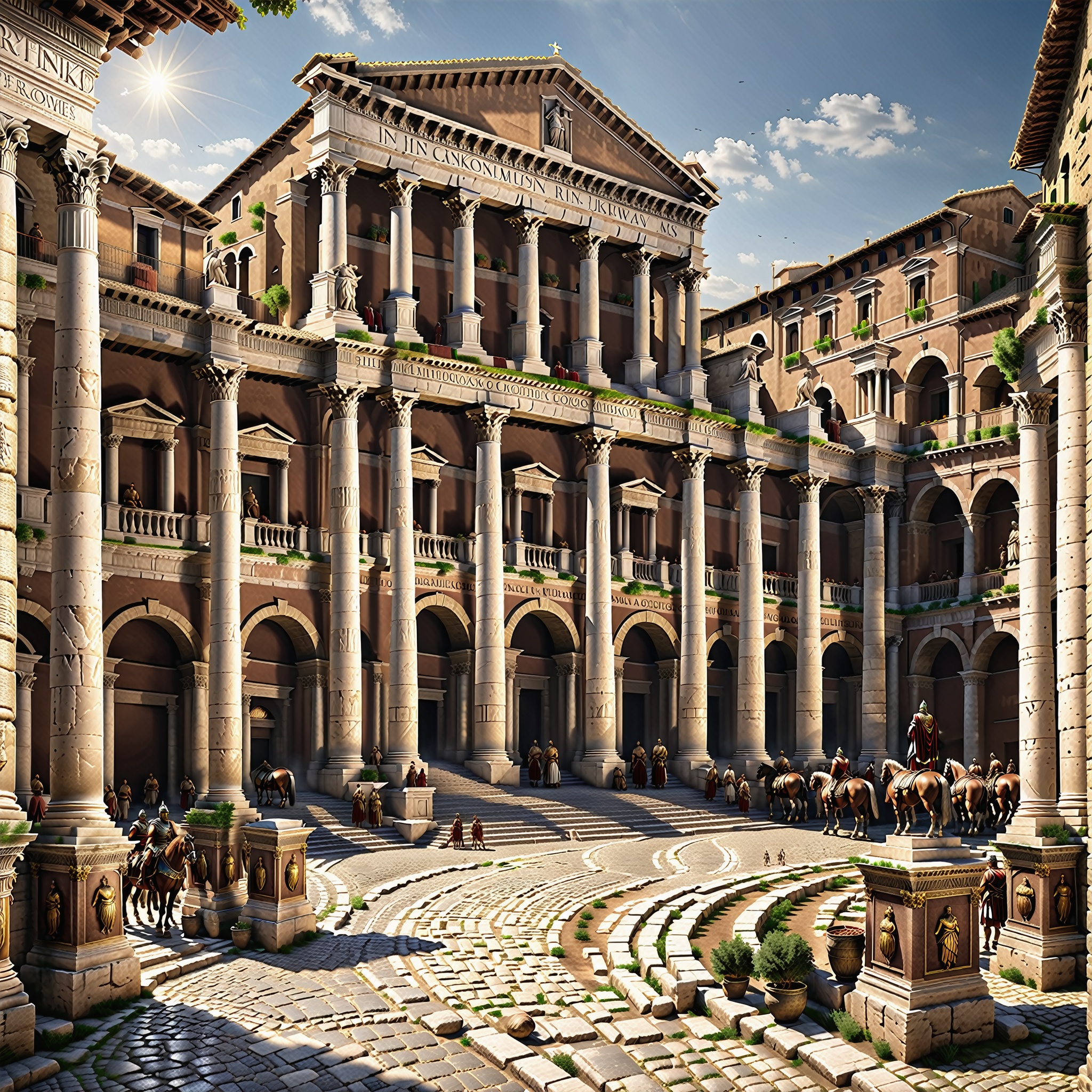 In this hyper-realistic depiction of a Roman city, every element is intricately detailed to transport you back in time to the heart of ancient civilization. The city's architecture exudes authenticity, with meticulously crafted Roman columns, arches, and statues that stand as testaments to the empire's grandeur. The stonework of the buildings, weathered by centuries, bears the weight of history with incredible realism. The bustling streets are teeming with citizens going about their daily lives, dressed in attire that reflects the fashion of the era. Vendors in the marketplace display their goods, and the scent of exotic spices and freshly baked bread fills the air with a sense of ancient commerce. The chatter of Latin conversations blends seamlessly with the sounds of horses' hooves and chariots on cobblestone roads. The amphitheater, a centerpiece of Roman entertainment, looms large in the distance. Its grandeur and scale are so vividly rendered that you can almost hear the roars of the crowd as gladiators clash within the arena. (The sunlight bathes the city in warm, Mediterranean tones, casting authentic shadows and highlights on every surface. As you traverse the streets of this hyper-realistic Roman city, you are transported to a bygone era, where history comes to life in every detail. The authenticity of the setting is so convincing that you can almost touch the ancient stones and immerse yourself in the rich tapestry of Roman civilization.)

((Picture prefect, Nikon D850 Nikon AF-S NIKKOR 24-70mm f/2.8E ED VR)), (Cutting-Edge 8K Octane Realism, Precision and Realism Unleashed, Meticulous Realism in Every Detail, Hyperrealism Taken to the Next Level, The Pinnacle of Realistic Fine Points, Unmatched 8K Realistic Clarity, Crafted with Realism in Cinema 4D, Exemplary Realism on Behance HD, Realism Brought to Life with Unreal Engine 5, Realism Rendered in Blender's Mastery, A Portal to Realistic Sci-Fi, Future Realism at Its Best, Realism That's Turning Heads on Artstation, An Epic Realism Depiction, Immersive Realistic Cinematic Backdrop, Captivating Realistic Drama, An Atmosphere of Scientific Realism, A Realism Masterpiece Beyond Compare, Uncompromising Excellence in Realism)
