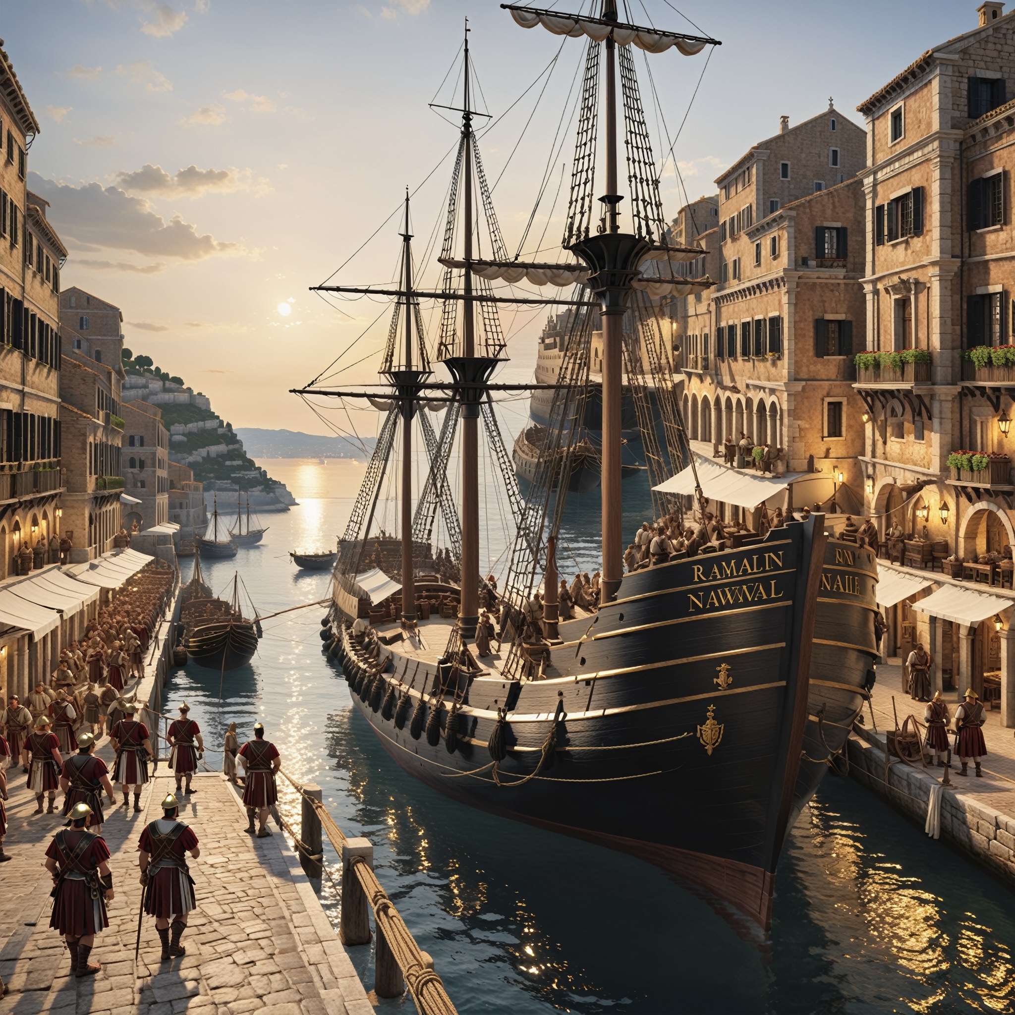 IIn this hyper-realistic portrayal of a bustling Roman naval harbor town, you'll be transported to a dynamic and authentic maritime scene. The harbor is a beehive of activity, filled with meticulously detailed ships, including the famed trireme, quadrireme, and quinquereme, all meticulously designed with historical accuracy.
The town's architecture echoes Roman design, with intricately crafted buildings lining the waterfront. From the marketplace to the ancient amphorae storage areas, the textures and details are so realistic that you can almost feel the aged stone beneath your fingertips. Roman sailors and dockworkers swarm around the vessels, preparing them for their journeys. You can see the sailors hoisting sails, inspecting ropes, and engaging in animated conversations, adding depth and realism to the scene. The crew's attire and tools reflect the fashion and technology of the time with remarkable precision. As you watch the ships depart from the harbor, the water's surface shimmers with intricate ripples, and the masts and sails sway realistically in the breeze. The sounds of creaking ropes, commands shouted by captains, and the hustle and bustle of the harbor bring this Roman naval town to life. The sun casts its golden light on the scene, creating a vibrant and captivating ambiance. Whether you're on the quayside or atop a nearby hill, every aspect of this hyper-realistic Roman naval harbor town evokes the sights and sounds of a bygone era, making you feel like an eyewitness to ancient maritime history

((Picture prefect, Nikon D850 Nikon AF-S NIKKOR 24-70mm f/2.8E ED VR, perfect Roman architecture)), (Cutting-Edge 8K Octane Realism, Precision and Realism Unleashed, Meticulous Realism in Every Detail, Hyperrealism Taken to the Next Level, The Pinnacle of Realistic Fine Points, Unmatched 8K Realistic Clarity, Crafted with Realism in Cinema 4D, Exemplary Realism on Behance HD, Realism Brought to Life with Unreal Engine 5, Realism Rendered in Blender's Mastery, A Portal to Realistic Sci-Fi, Future Realism at Its Best, Realism That's Turning Heads on Artstation, An Epic Realism Depiction, Immersive Realistic Cinematic Backdrop, Captivating Realistic Drama, An Atmosphere of Scientific Realism, A Realism Masterpiece Beyond Compare, Uncompromising Excellence in Realism),cutegirlmix,FilmGirl,p3rfect boobs
