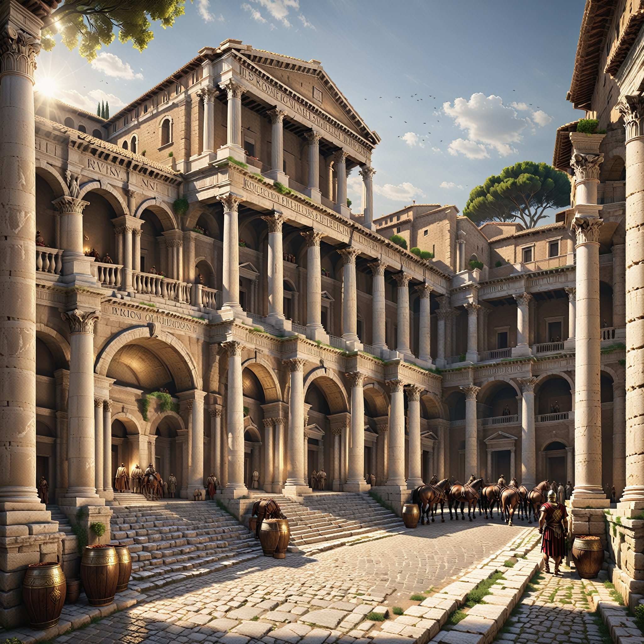 In this hyper-realistic depiction of a Roman city, every element is intricately detailed to transport you back in time to the heart of ancient civilization. The city's architecture exudes authenticity, with meticulously crafted Roman columns, arches, and statues that stand as testaments to the empire's grandeur. The stonework of the buildings, weathered by centuries, bears the weight of history with incredible realism. The bustling streets are teeming with citizens going about their daily lives, dressed in attire that reflects the fashion of the era. Vendors in the marketplace display their goods, and the scent of exotic spices and freshly baked bread fills the air with a sense of ancient commerce. The chatter of Latin conversations blends seamlessly with the sounds of horses' hooves and chariots on cobblestone roads. The amphitheater, a centerpiece of Roman entertainment, looms large in the distance. Its grandeur and scale are so vividly rendered that you can almost hear the roars of the crowd as gladiators clash within the arena. (The sunlight bathes the city in warm, Mediterranean tones, casting authentic shadows and highlights on every surface. As you traverse the streets of this hyper-realistic Roman city, you are transported to a bygone era, where history comes to life in every detail. The authenticity of the setting is so convincing that you can almost touch the ancient stones and immerse yourself in the rich tapestry of Roman civilization.)

((Picture prefect, Nikon D850 Nikon AF-S NIKKOR 24-70mm f/2.8E ED VR)), (Cutting-Edge 8K Octane Realism, Precision and Realism Unleashed, Meticulous Realism in Every Detail, Hyperrealism Taken to the Next Level, The Pinnacle of Realistic Fine Points, Unmatched 8K Realistic Clarity, Crafted with Realism in Cinema 4D, Exemplary Realism on Behance HD, Realism Brought to Life with Unreal Engine 5, Realism Rendered in Blender's Mastery, A Portal to Realistic Sci-Fi, Future Realism at Its Best, Realism That's Turning Heads on Artstation, An Epic Realism Depiction, Immersive Realistic Cinematic Backdrop, Captivating Realistic Drama, An Atmosphere of Scientific Realism, A Realism Masterpiece Beyond Compare, Uncompromising Excellence in Realism)