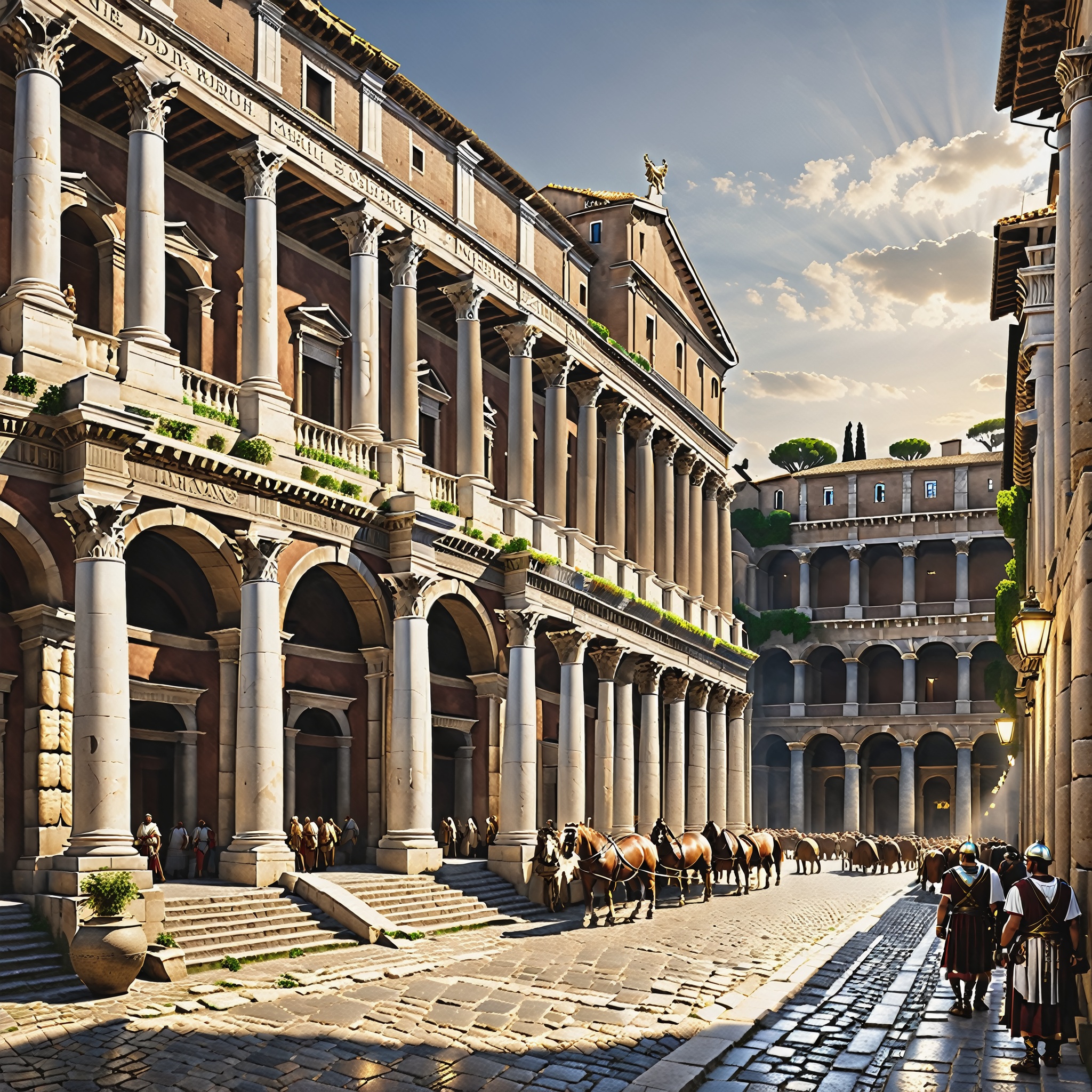 In this hyper-realistic depiction of a Roman city, every element is intricately detailed to transport you back in time to the heart of ancient civilization. The city's architecture exudes authenticity, with meticulously crafted Roman columns, arches, and statues that stand as testaments to the empire's grandeur. The stonework of the buildings, weathered by centuries, bears the weight of history with incredible realism. The bustling streets are teeming with citizens going about their daily lives, dressed in attire that reflects the fashion of the era. Vendors in the marketplace display their goods, and the scent of exotic spices and freshly baked bread fills the air with a sense of ancient commerce. The chatter of Latin conversations blends seamlessly with the sounds of horses' hooves and chariots on cobblestone roads. The amphitheater, a centerpiece of Roman entertainment, looms large in the distance. Its grandeur and scale are so vividly rendered that you can almost hear the roars of the crowd as gladiators clash within the arena. (The sunlight bathes the city in warm, Mediterranean tones, casting authentic shadows and highlights on every surface. As you traverse the streets of this hyper-realistic Roman city, you are transported to a bygone era, where history comes to life in every detail. The authenticity of the setting is so convincing that you can almost touch the ancient stones and immerse yourself in the rich tapestry of Roman civilization.)

((Picture prefect, Nikon D850 Nikon AF-S NIKKOR 24-70mm f/2.8E ED VR)), (Cutting-Edge 8K Octane Realism, Precision and Realism Unleashed, Meticulous Realism in Every Detail, Hyperrealism Taken to the Next Level, The Pinnacle of Realistic Fine Points, Unmatched 8K Realistic Clarity, Crafted with Realism in Cinema 4D, Exemplary Realism on Behance HD, Realism Brought to Life with Unreal Engine 5, Realism Rendered in Blender's Mastery, A Portal to Realistic Sci-Fi, Future Realism at Its Best, Realism That's Turning Heads on Artstation, An Epic Realism Depiction, Immersive Realistic Cinematic Backdrop, Captivating Realistic Drama, An Atmosphere of Scientific Realism, A Realism Masterpiece Beyond Compare, Uncompromising Excellence in Realism)