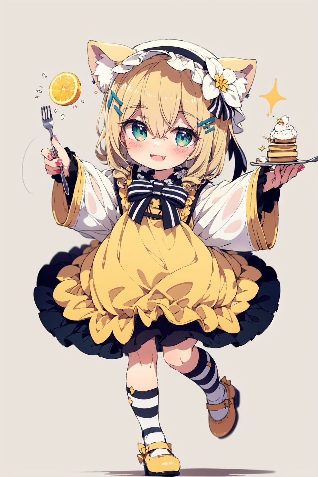 (cinematic lighting), dreamy atmosphere, Ray tracing, (((solo))), (loli:1.5), (child:1.5), (petite:1.5), green eyes, (animal ears), dress, solo, food, blonde hair, open mouth, long hair, pancake, flower, holding, bow, smile, fork, bird, socks, looking at viewer, shoes, striped background, holding fork, bonnet, striped, frills, long sleeves, :d, yellow dress, bangs, eyebrows visible through hair, blush, green nails, hair bow, nail polish, diagonal stripes, chick, sparkle, frilled dress, orange bow, fruit, full body, :3, hair between eyes, green bow, puffy sleeves, heart, lemon, orange footwear, animal ear fluff, white bow, cat ears, bobby socks, orange headwear, see-through sleeves, blue background, striped bow, hair ornament, white legwear, mary janes,（detailed eyes:1.5),