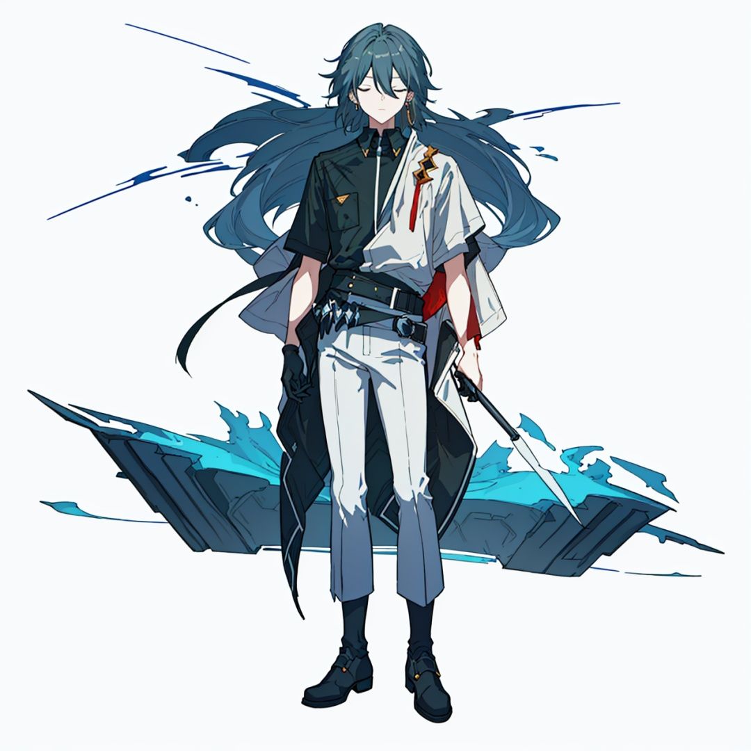 (masterpiece:1.3),(the best quality:1.2),(super fine illustrations:1.2),(Masterpiece),high quality,high detail,(white background:1.2),looking at viewer,(SOLO:1.4),outline,simplebackground,, 1boy,belt,black footwear,black hair,black pants,black shirt,building,closed eyes,earrings,glowstick,hair between eyes,hair ornament,hair stick,jacket,jewelry,