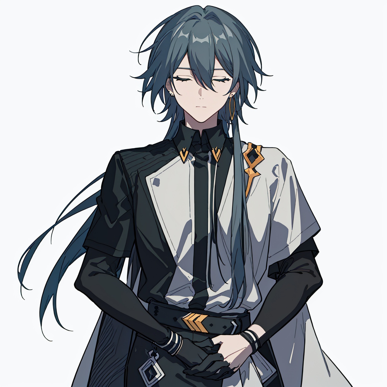  (masterpiece:1.3),(the best quality:1.2),(super fine illustrations:1.2),(Masterpiece),high quality,high detail,(white background:1.2),looking at viewer,(SOLO:1.4),outline,simplebackground,, 1boy,belt,black footwear,black hair,black pants,black shirt,building,closed eyes,earrings,glowstick,hair between eyes,hair ornament,hair stick,jacket,jewelry,