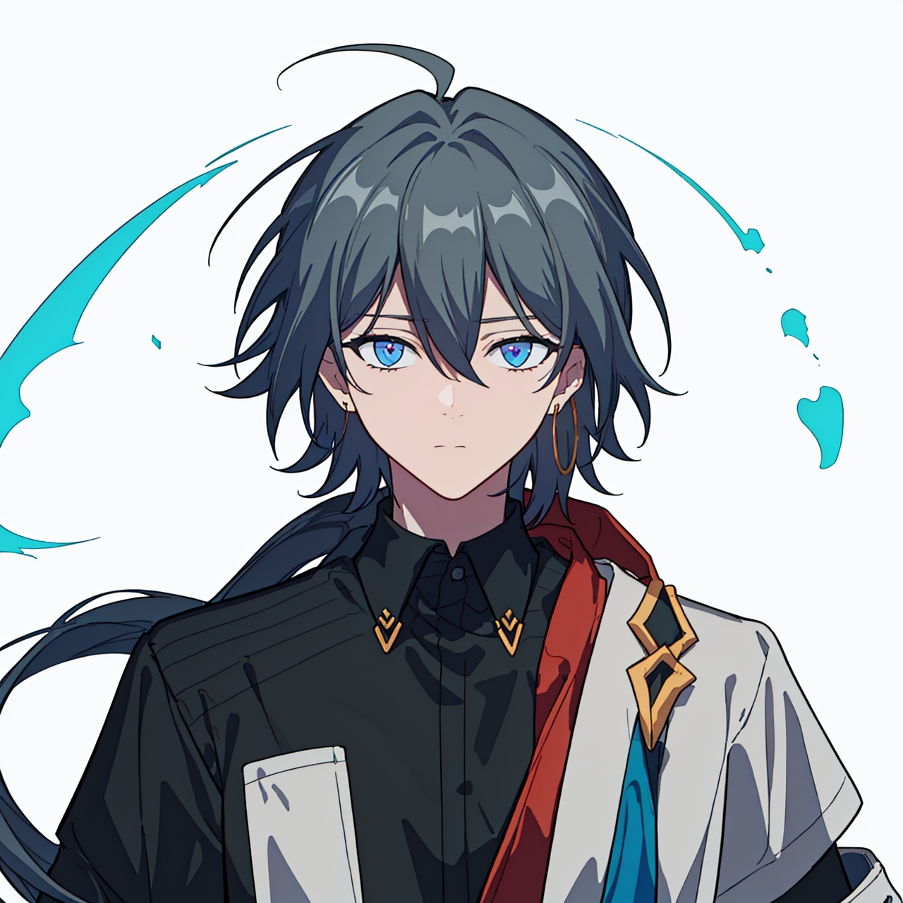  (masterpiece:1.3),(the best quality:1.2),(super fine illustrations:1.2),(Masterpiece),high quality,high detail,(white background:1.2),looking at viewer,(SOLO:1.4),outline,simplebackground,, 1boy,belt,black footwear,black hair,black pants,black shirt,building,closed eyes,earrings,glowstick,hair between eyes,hair ornament,hair stick,jacket,jewelry,