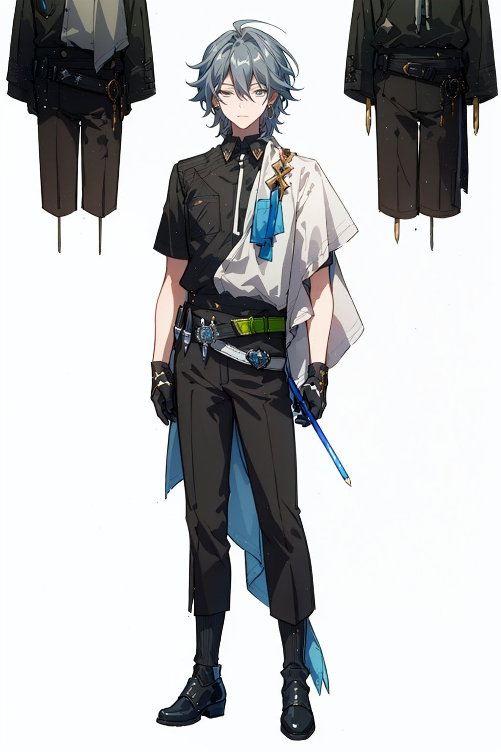 (masterpiece:1.3),(the best quality:1.2),(super fine illustrations:1.2),(Masterpiece),high quality,high detail,(white background:1.2),looking at viewer,(SOLO:1.4),outline,simplebackground,, 1boy,belt,black footwear,black hair,black pants,black shirt,building,closed eyes,earrings,glowstick,hair between eyes,hair ornament,hair stick,jacket,jewelry,