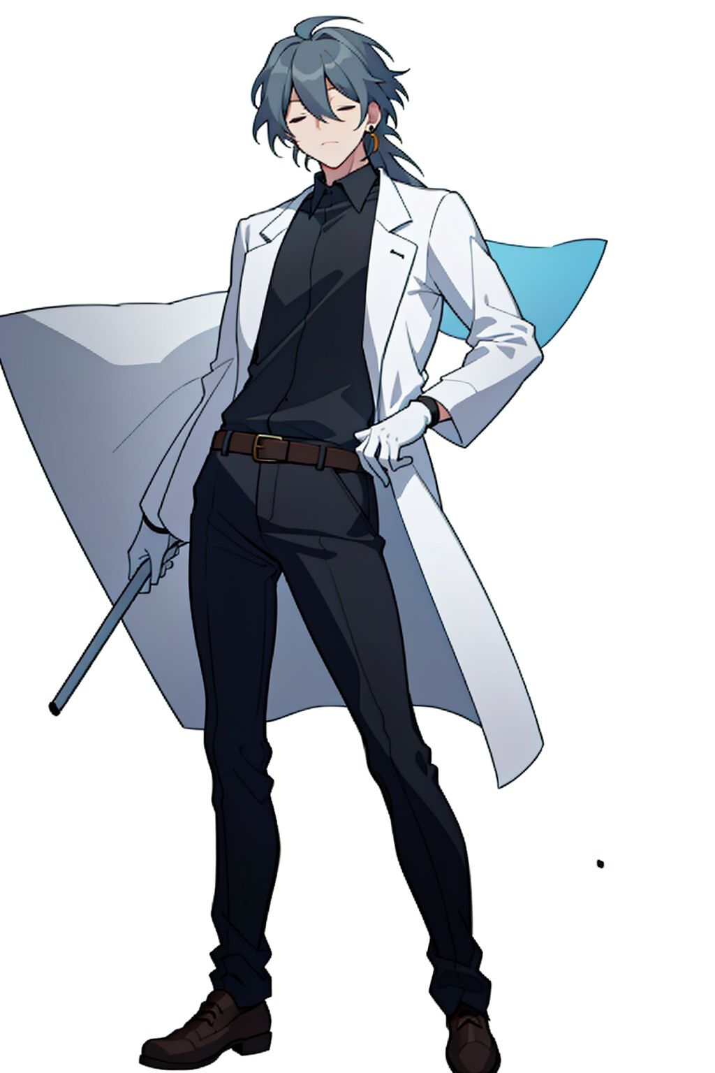 (masterpiece:1.3),(the best quality:1.2),(super fine illustrations:1.2),(Masterpiece),high quality,high detail,(white background:1.2),looking at viewer,(SOLO:1.4),outline,simplebackground,,1boy,belt,black footwear,black hair,black pants,black shirt,building,(((closed eyes))),earrings,glowstick,hair between eyes,hair ornament,hair stick,jacket,jewelry,long hair,male focus,pants,shirt,
