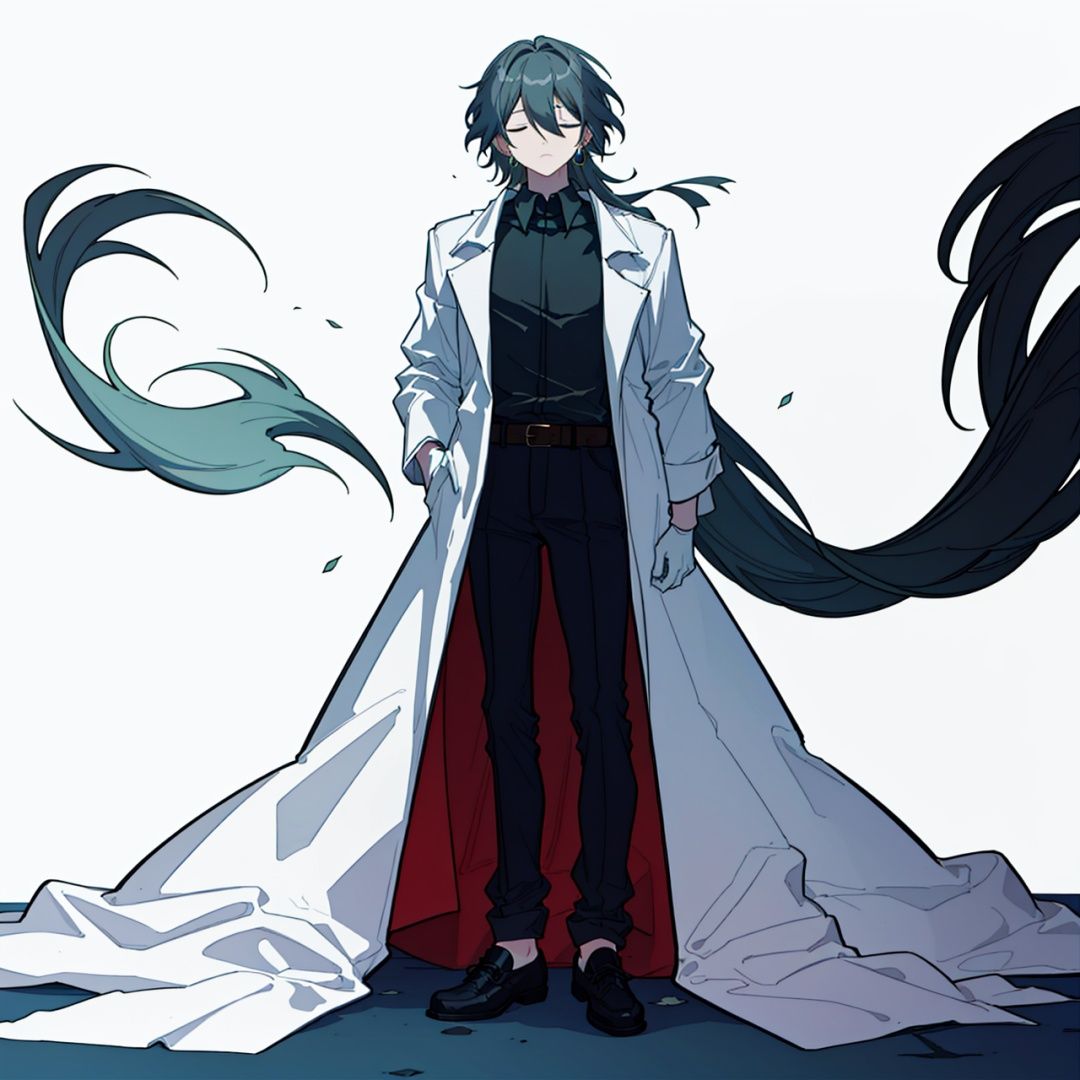 (masterpiece:1.3),(the best quality:1.2),(super fine illustrations:1.2),(Masterpiece),high quality,high detail,(white background:1.2),looking at viewer,(SOLO:1.4),outline,simplebackground,,1boy,belt,black footwear,black hair,black pants,black shirt,building,(((closed eyes))),earrings,glowstick,hair between eyes,hair ornament,hair stick,white jacket,jewelry,long hair,male focus,pants,shirt,
