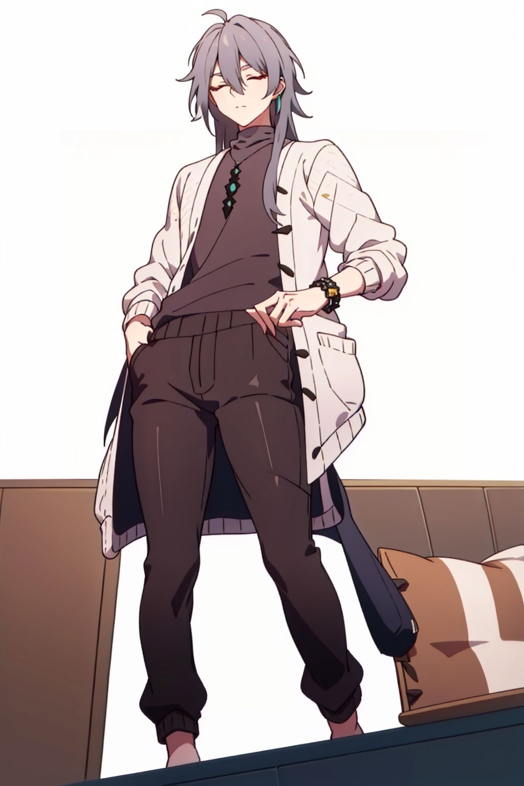 (masterpiece:1.3),(the best quality:1.2),(super fine illustrations:1.2),(Masterpiece),high quality,high detail,(white background:1.2),looking at viewer,(SOLO:1.4),outline,simplebackground,, turtleneck,multicolored hair,hair between eyes,closed eyes,earrings,black pants,jacket,pants,streaked hair,bracelet,belt,hair stick,hair ornament,collared shirt,black footwear,black shirt,