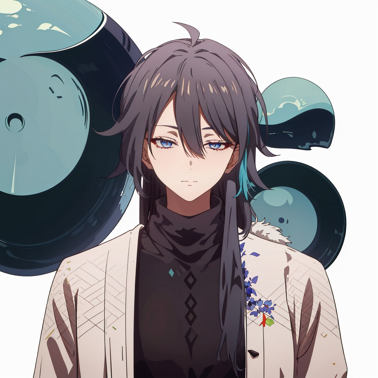  (masterpiece:1.3),(the best quality:1.2),(super fine illustrations:1.2),(Masterpiece),high quality,high detail,(white background:1.2),looking at viewer,(SOLO:1.4),outline,simplebackground,, turtleneck,multicolored hair,hair between eyes,closed eyes,earrings,black pants,jacket,pants,streaked hair,bracelet,belt,hair stick,hair ornament,collared shirt,black footwear,black shirt,