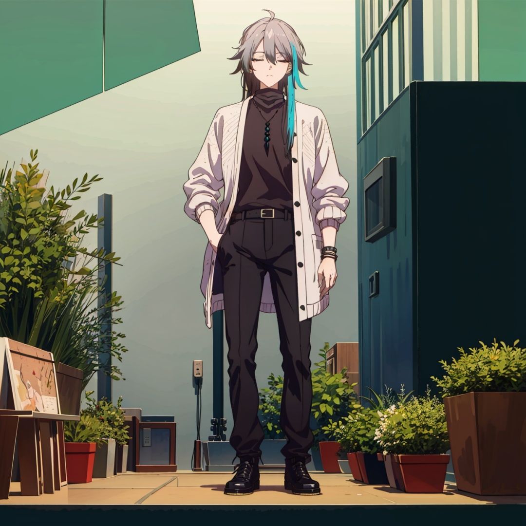 (masterpiece:1.3),(the best quality:1.2),(super fine illustrations:1.2),(Masterpiece),high quality,high detail,(white background:1.2),looking at viewer,(SOLO:1.4),outline,simplebackground,, turtleneck,multicolored hair,hair between eyes,closed eyes,earrings,black pants,jacket,pants,streaked hair,bracelet,belt,hair stick,hair ornament,collared shirt,black footwear,black shirt,