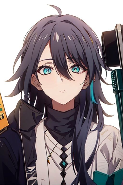 (masterpiece:1.3),(the best quality:1.2),(super fine illustrations:1.2),(Masterpiece),high quality,high detail,(white background:1.2),looking at viewer,(SOLO:1.4),outline,simple background,<lora:苏-黄金庭院居家:0.8>, turtleneck,multicolored hair,hair between eyes,closed eyes,earrings,black pants,jacket,pants,streaked hair,bracelet,belt,hair stick,hair ornament,collared shirt,black footwear,black shirt,