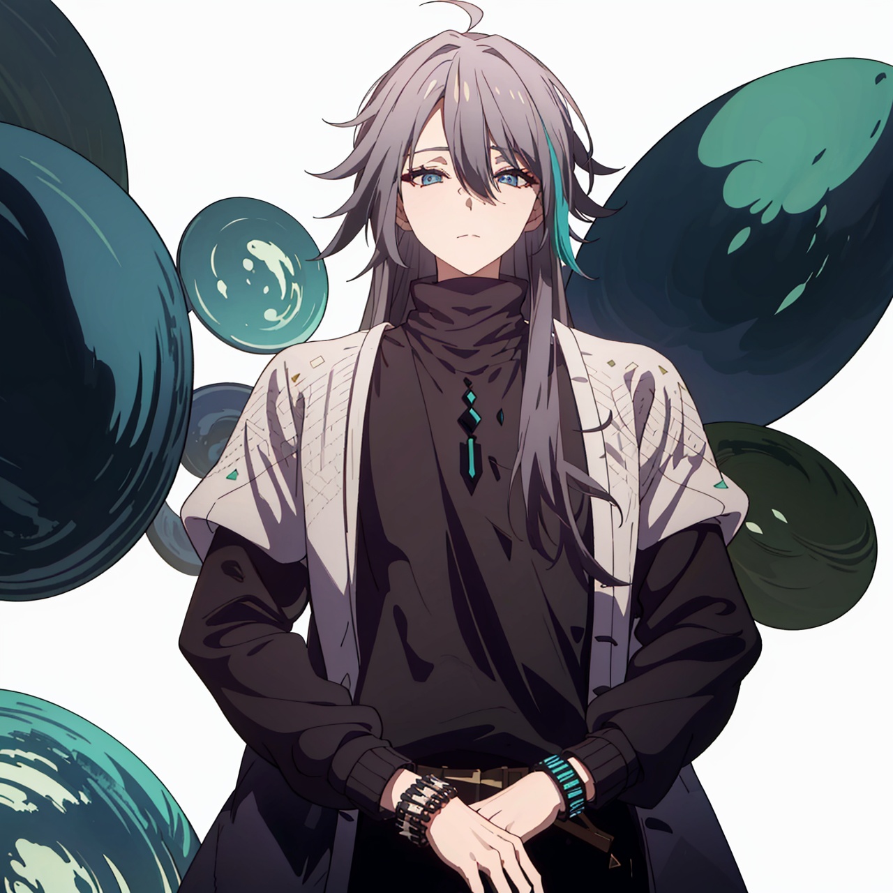  (masterpiece:1.3),(the best quality:1.2),(super fine illustrations:1.2),(Masterpiece),high quality,high detail,(white background:1.2),looking at viewer,(SOLO:1.4),outline,simplebackground,, turtleneck,multicolored hair,hair between eyes,closed eyes,earrings,black pants,jacket,pants,streaked hair,bracelet,belt,hair stick,hair ornament,collared shirt,black footwear,black shirt,