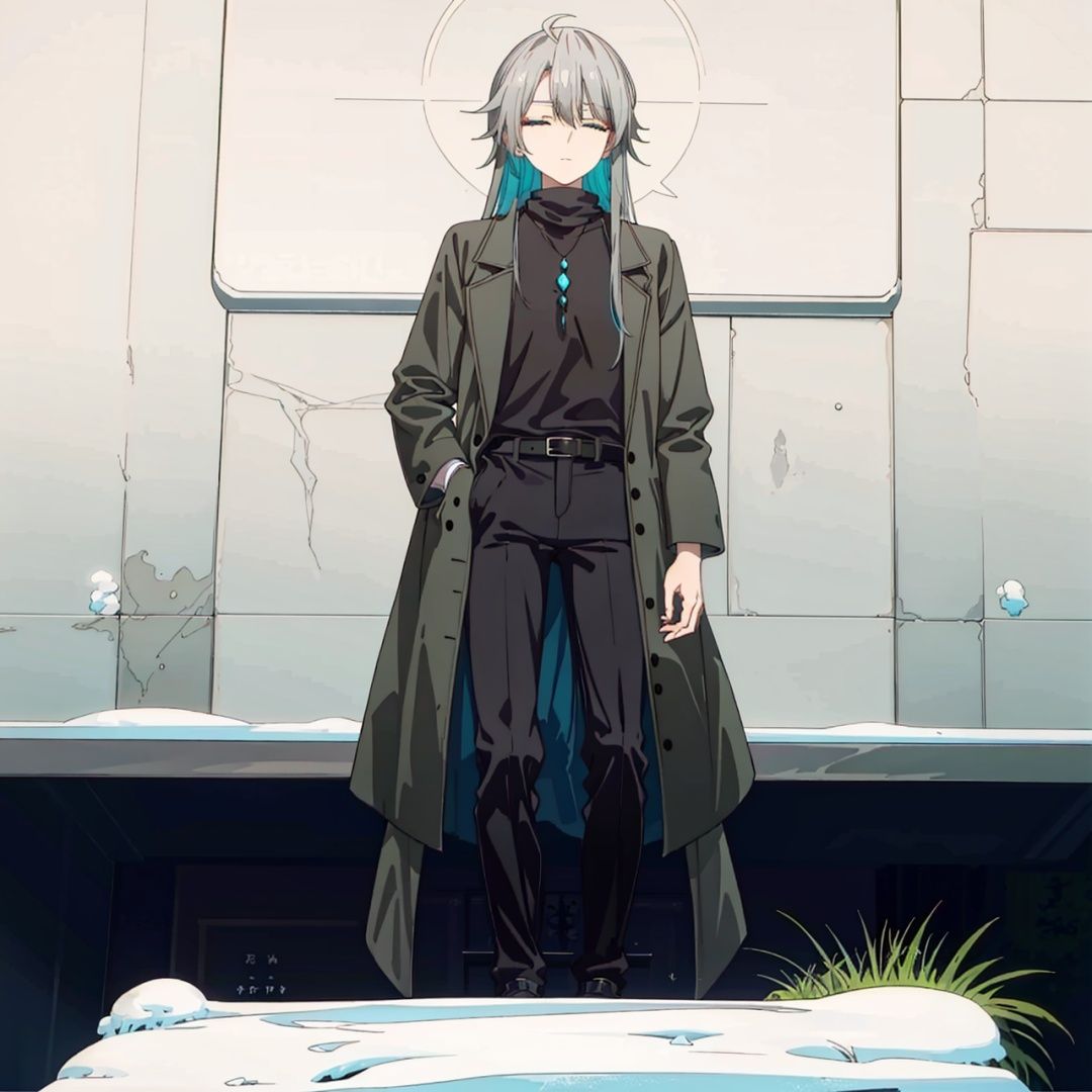 (masterpiece:1.3),(the best quality:1.2),(super fine illustrations:1.2),(Masterpiece),high quality,high detail,(white background:1.2),looking at viewer,(SOLO:1.4),outline,simplebackground,, turtleneck,closed eyes,multicolored hair,hair between eyes,coat,long hair,jacket,earrings,streaked hair,black pants,belt,hair stick,hair ornament,pants,black shirt,