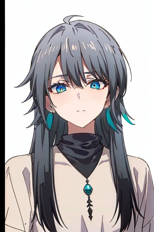 (masterpiece:1.3),(the best quality:1.2),(super fine illustrations:1.2),(Masterpiece),high quality,high detail,(white background:1.2),looking at viewer,(SOLO:1.4),outline,simple background,<lora:苏-黄金庭院外出:0.8>, turtleneck,closed eyes,multicolored hair,hair between eyes,coat,long hair,jacket,earrings,streaked hair,black pants,belt,hair stick,hair ornament,pants,black shirt,