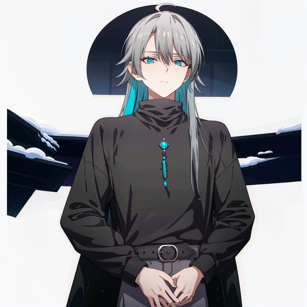  (masterpiece:1.3),(the best quality:1.2),(super fine illustrations:1.2),(Masterpiece),high quality,high detail,(white background:1.2),looking at viewer,(SOLO:1.4),outline,simplebackground,, turtleneck,closed eyes,multicolored hair,hair between eyes,coat,long hair,jacket,earrings,streaked hair,black pants,belt,hair stick,hair ornament,pants,black shirt,