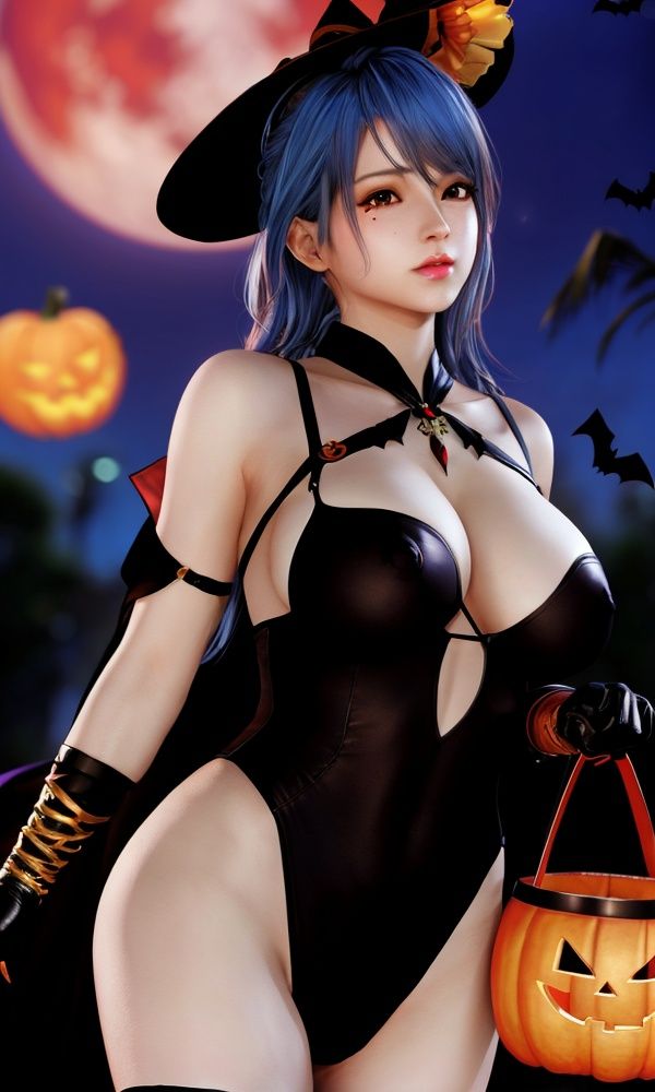 (,1girl, ,best quality, )<lora:2023-10-14Sexy Witch - Tamaki:0.7>,, ,masterpiece, fantasy, realistic,science fiction,mole, ultra realistic 8k cg, ,tamari \(flawless\),  medium breasts,red moon, black rose,    halloween, halloween bucket,  (()), (),