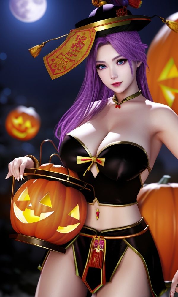 (,1girl, ,best quality, )<lora:2023-07-23Zombie - Elise:0.8>,, ,masterpiece, fantasy, realistic,science fiction,mole, ultra realistic 8k cg, ,tamari \(flawless\),  medium breasts,red moon, black rose,    halloween, halloween bucket,  (()), (), halloween, jack-o'-lantern, pumpkin, 1girl, moon, halloween_costume, halloween_bucket, pumpkin_hat, bat, full_moon, paper_lantern, happy_halloween, breasts, lantern, pumpkin_hair_ornament, solo, purple_hair, hat, jiangshi, chinese_clothes, night, blue_eyes, large_breasts, witch_hat, bare_shoulders, alternate_costume