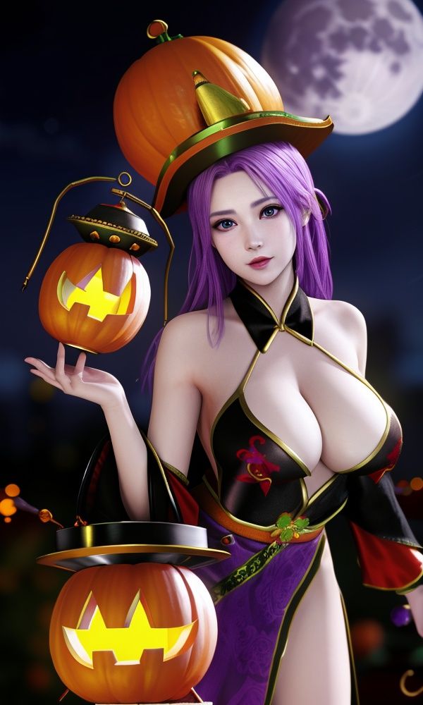 (,1girl, ,best quality, )<lora:2023-07-23Zombie - Elise:0.8>,, ,masterpiece, fantasy, realistic,science fiction,mole, ultra realistic 8k cg, ,tamari \(flawless\),  medium breasts,red moon, black rose,    halloween, halloween bucket,  (()), (), halloween, jack-o'-lantern, pumpkin, 1girl, moon, halloween_costume, halloween_bucket, pumpkin_hat, bat, full_moon, paper_lantern, happy_halloween, breasts, lantern, pumpkin_hair_ornament, solo, purple_hair, hat, jiangshi, chinese_clothes, night, blue_eyes, large_breasts, witch_hat, bare_shoulders, alternate_costume