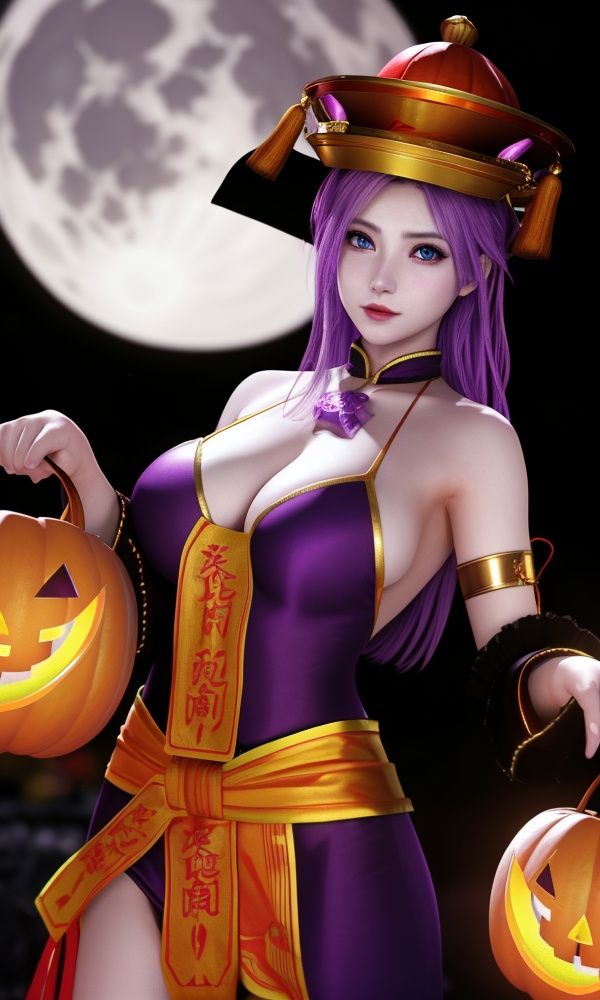 (,1girl, ,best quality, )<lora:2023-07-23Zombie - Elise:0.8>,, ,masterpiece, fantasy, realistic,science fiction,mole, ultra realistic 8k cg, ,tamari \(flawless\),  medium breasts,red moon, black rose,    halloween, halloween bucket,  (()), (), halloween, jack-o'-lantern, pumpkin, 1girl, moon, halloween_costume, halloween_bucket, pumpkin_hat, bat, full_moon, paper_lantern, happy_halloween, breasts, lantern, pumpkin_hair_ornament, solo, purple_hair, hat, jiangshi, chinese_clothes, night, blue_eyes, large_breasts, witch_hat, bare_shoulders, alternate_costume