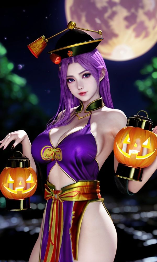 (,1girl, ,best quality, )<lora:2023-07-23Zombie - Elise:0.8>,, ,masterpiece, fantasy, realistic,science fiction,mole, ultra realistic 8k cg, ,tamari \(flawless\),  medium breasts,red moon, black rose,    halloween, halloween bucket,  (()), (), halloween, jack-o'-lantern, pumpkin, 1girl, moon, halloween_costume, halloween_bucket, pumpkin_hat, bat, full_moon, paper_lantern, happy_halloween, breasts, lantern, pumpkin_hair_ornament, solo, purple_hair, hat, jiangshi, chinese_clothes, night, blue_eyes, large_breasts, witch_hat, bare_shoulders, alternate_costume