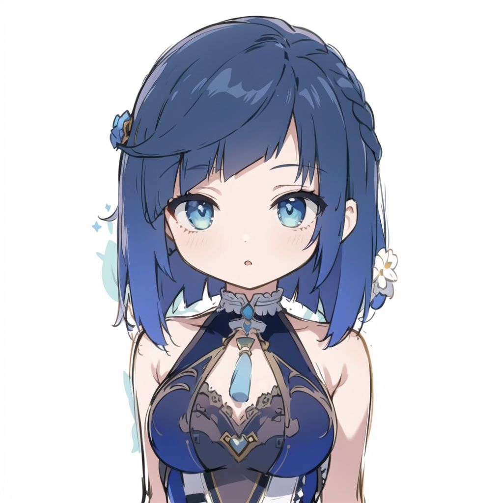 (masterpiece:1,2), best quality, masterpiece, highres, original, extremely detailed wallpaper, perfect lighting,(extremely detailed CG:1.2), 1girl, upper body, simple background,arms behind back,.lovely ,<lora:bqb1:0.5>, white background, head,,lovely, bigeyes,,hair ornament,blue hair,  , <lora:夜蘭- Yelan LORA. _ Genshin Impact - 原神._V4:1>