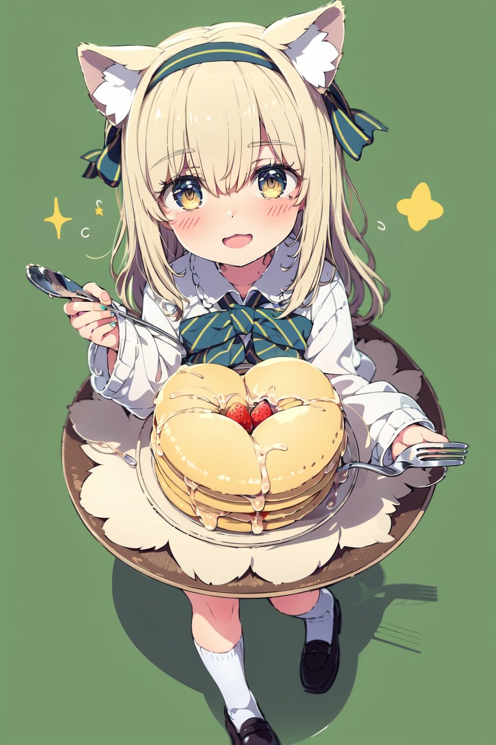  (cinematic lighting), dreamy atmosphere, Ray tracing, (((solo))), (loli:1.5), (child:1.5), (petite:1.5), green eyes, (animal ears), dress, solo, food, blonde hair, open mouth, long hair, pancake, flower, holding, bow, smile, fork, bird, socks, looking at viewer, shoes, striped background, holding fork, bonnet, striped, frills, long sleeves, :d, yellow dress, bangs, eyebrows visible through hair, blush, green nails, hair bow, nail polish, diagonal stripes, chick, sparkle, frilled dress, orange bow, fruit, full body, :3, hair between eyes, green bow, puffy sleeves, heart, lemon, orange footwear, animal ear fluff, white bow, cat ears, bobby socks, orange headwear, see-through sleeves, blue background, striped bow, hair ornament, white legwear, mary janes,（detailed eyes:1.5),
