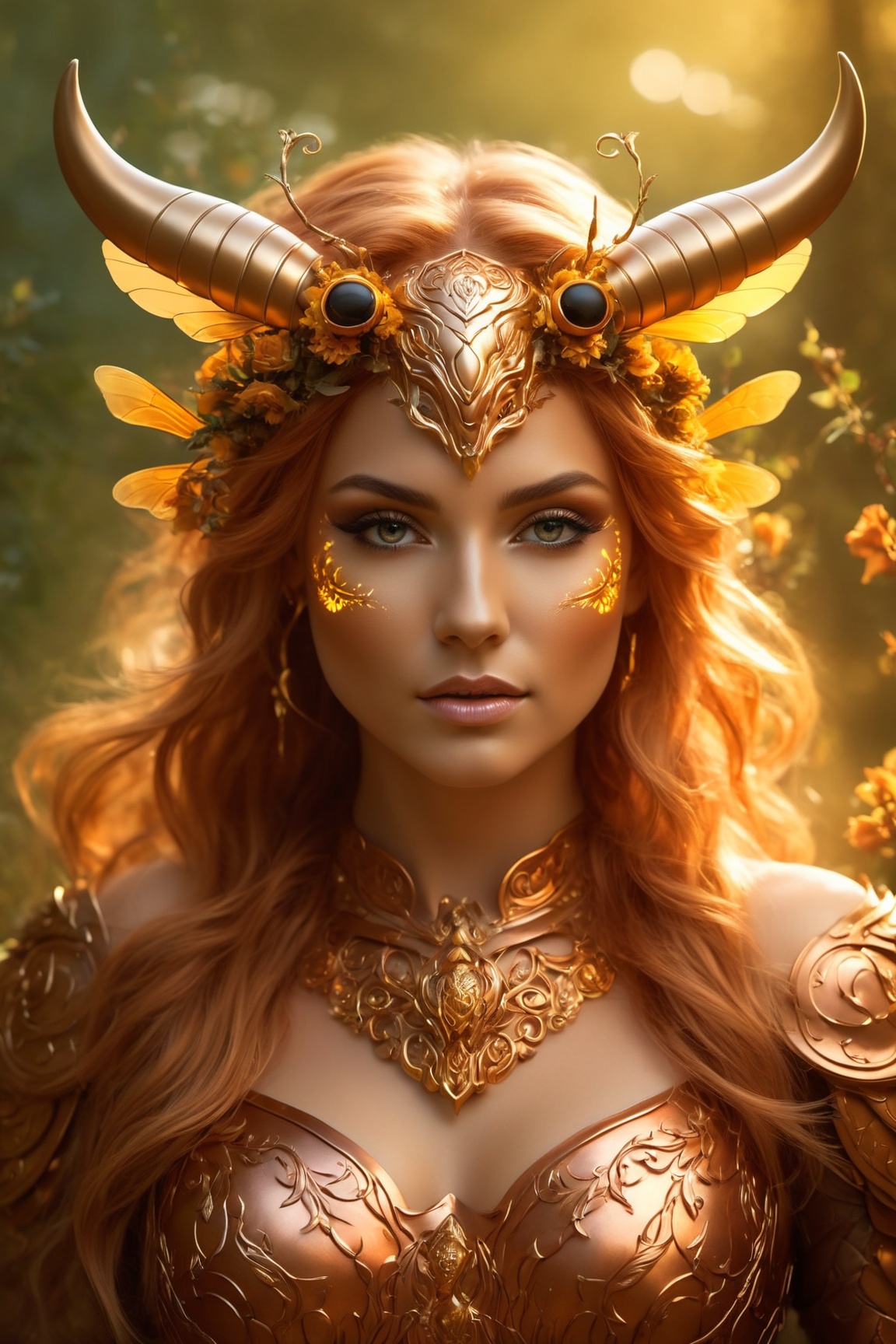 mythical animal half bull half bee,  kind-hearted with a penetrating gaze,  golden glow on Tensor.Art