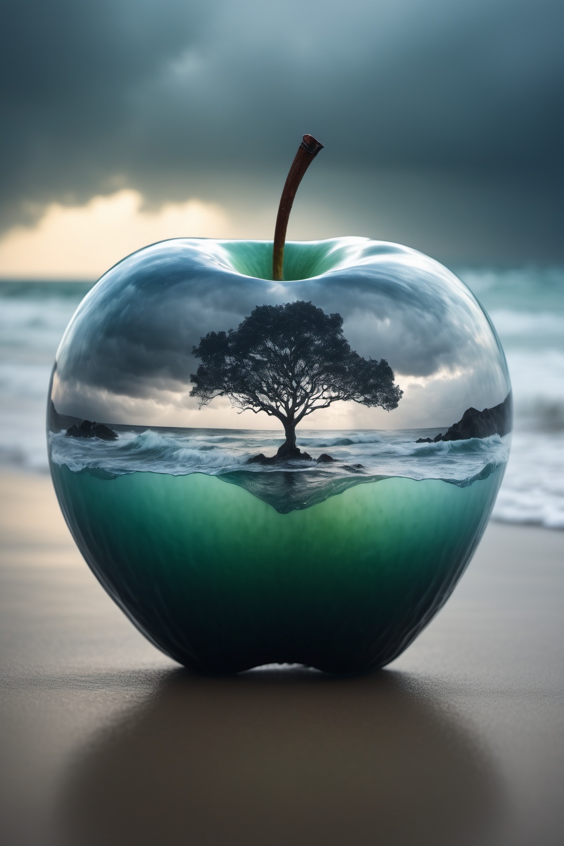 lovely double exposure image by blending together a stormy sea and a glass apple. The sea should serve as the underlying b...