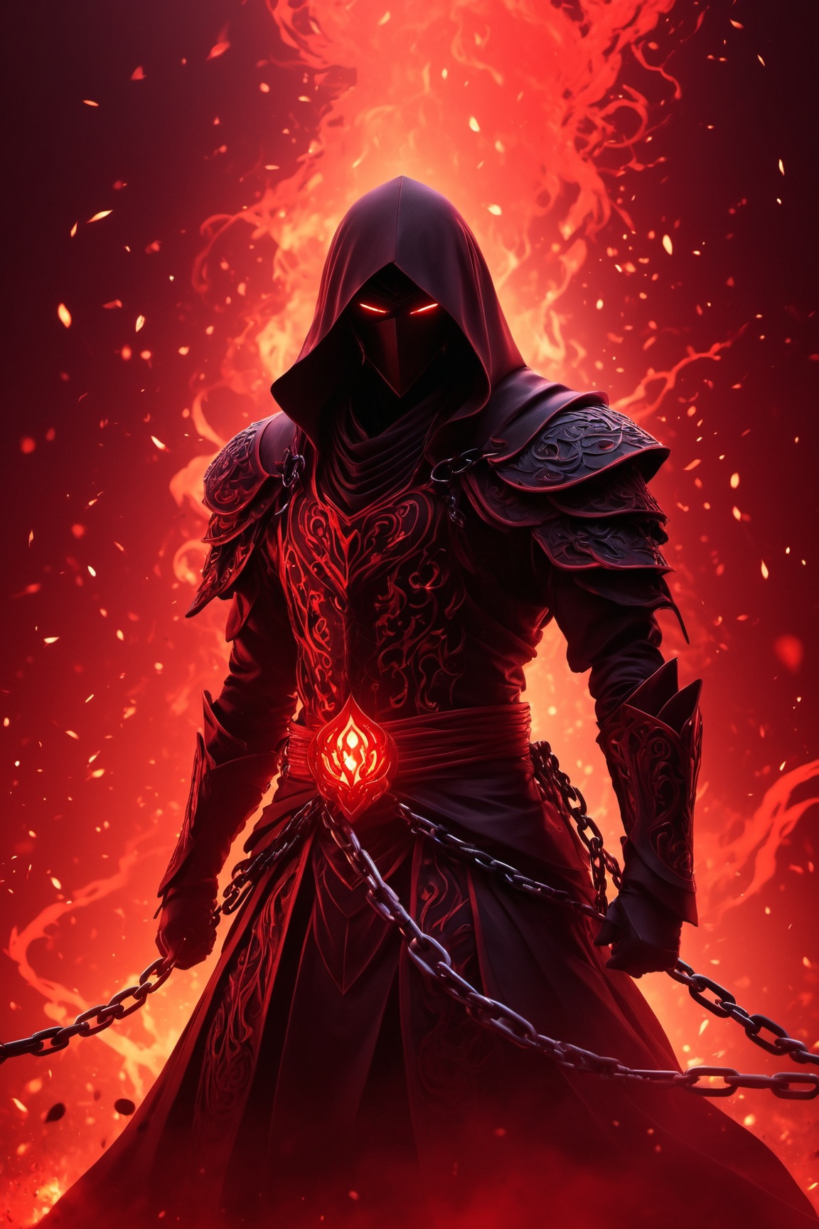 A striking anime character,  shrouded in shadows and poised for battle,  stands against a deep crimson background adorned...