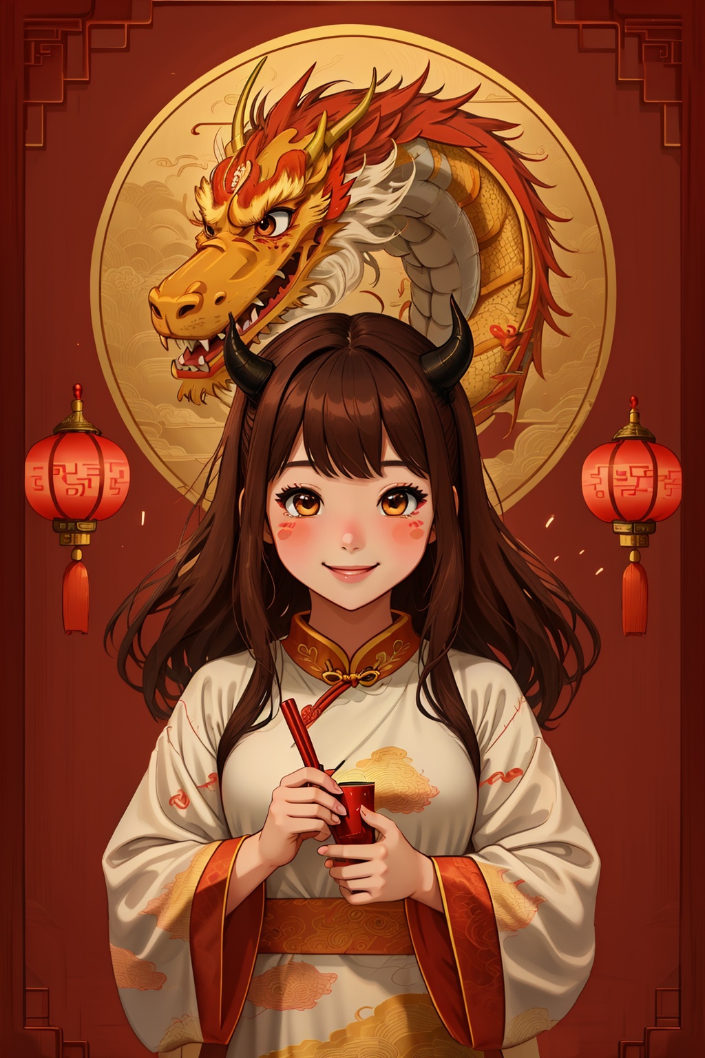  Chinese Dragon, red background, 1girl, blush stickers, chinese clothes, smile, brown hair, horns, red theme, tail, Firecrackers, Fireworks, Spring Festival, UHD, best quality, 16k