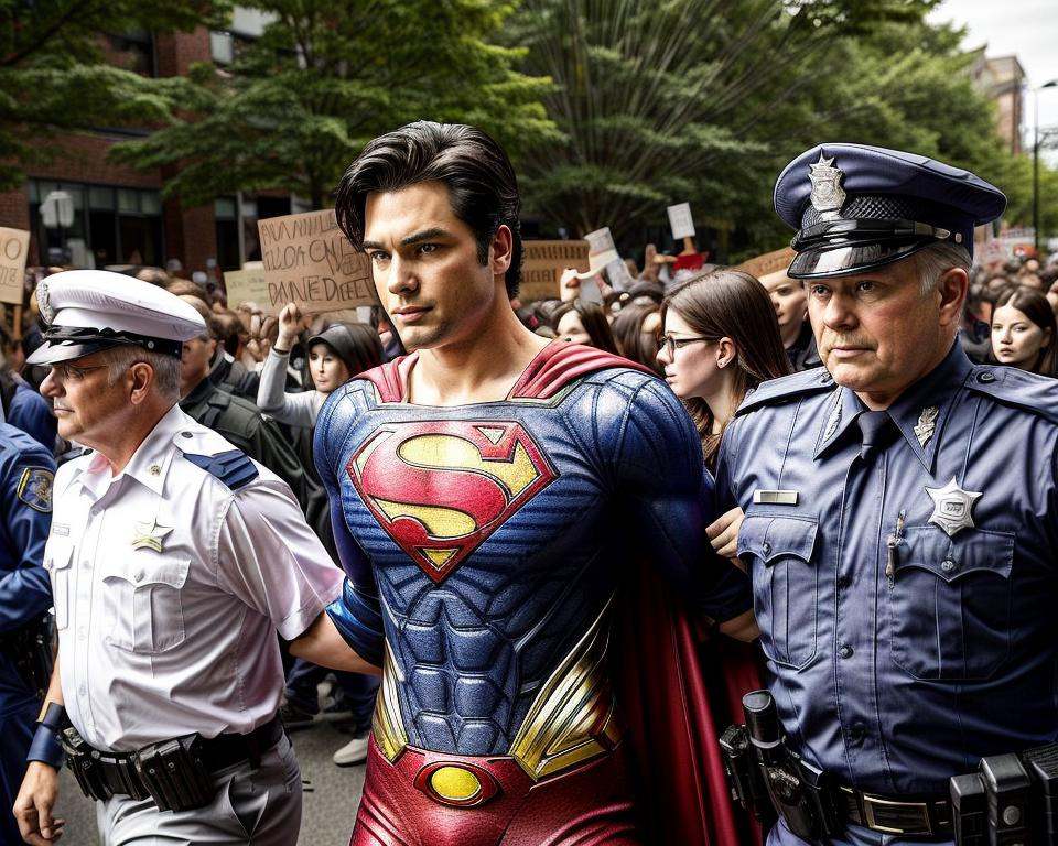 (handcuffed) Superman,  escorted by two cops at protest,  crowd in background on Tensor.Art